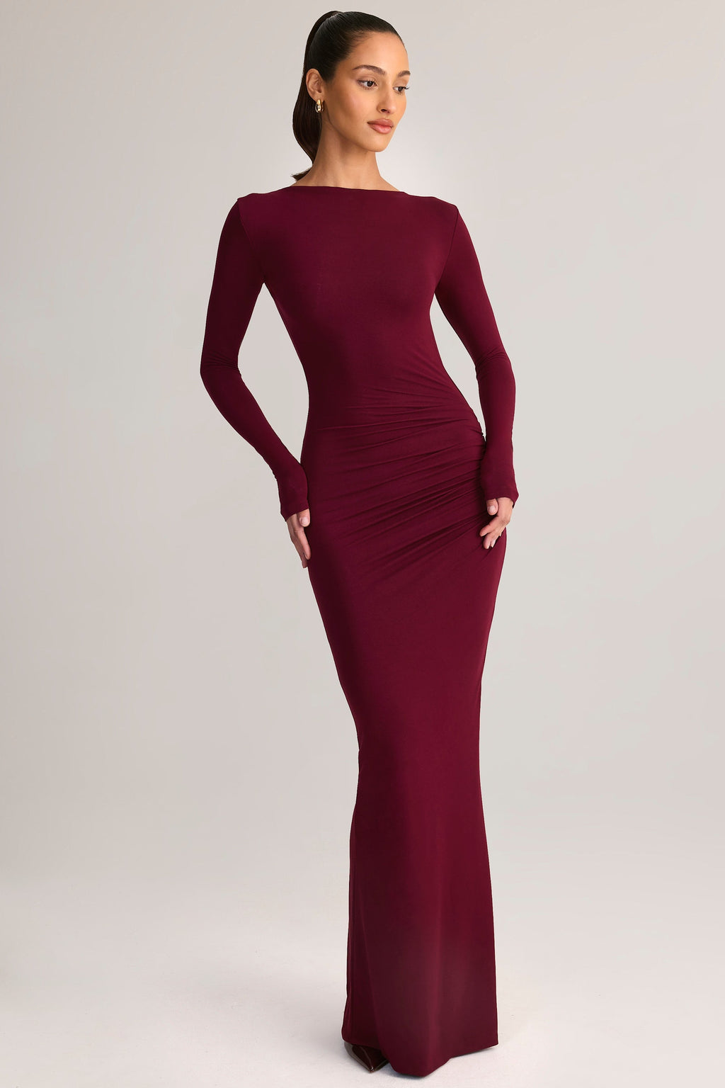 Modal Ruched Backless Maxi Dress in Wine