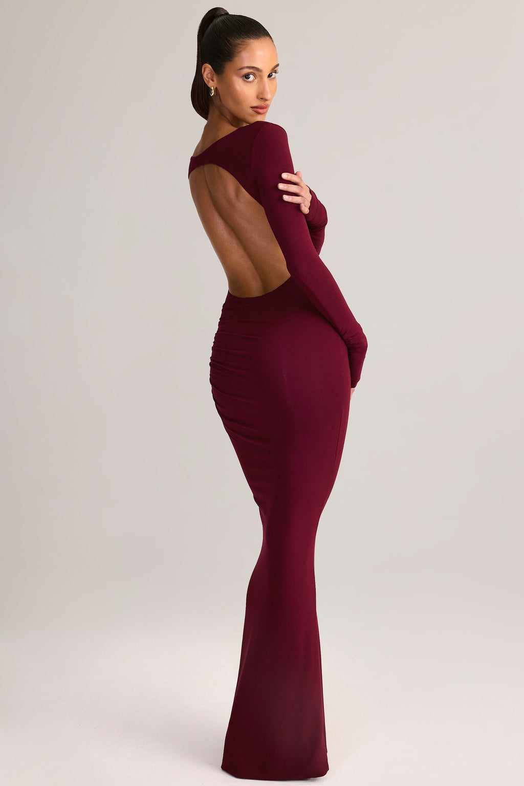 Modal Ruched Backless Maxi Dress in Wine