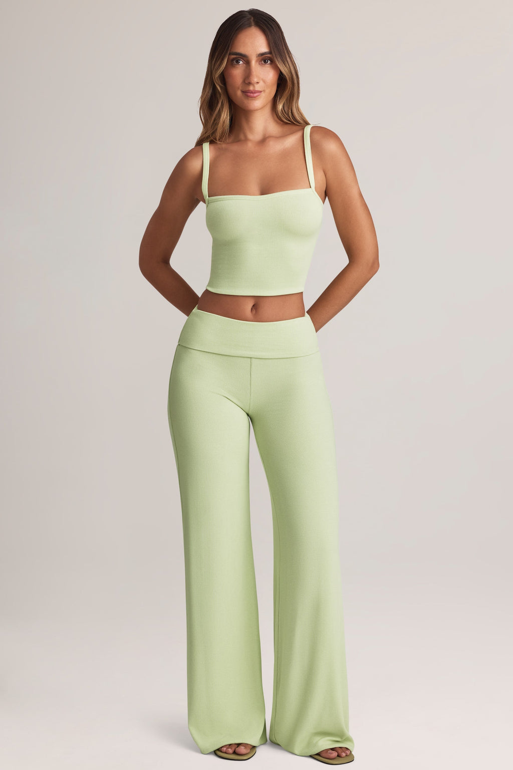 Modal Foldover Wide-Leg Trousers in Sage Green