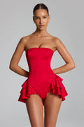 Ruffled Lace-Up Corset Playsuit in Fire Red