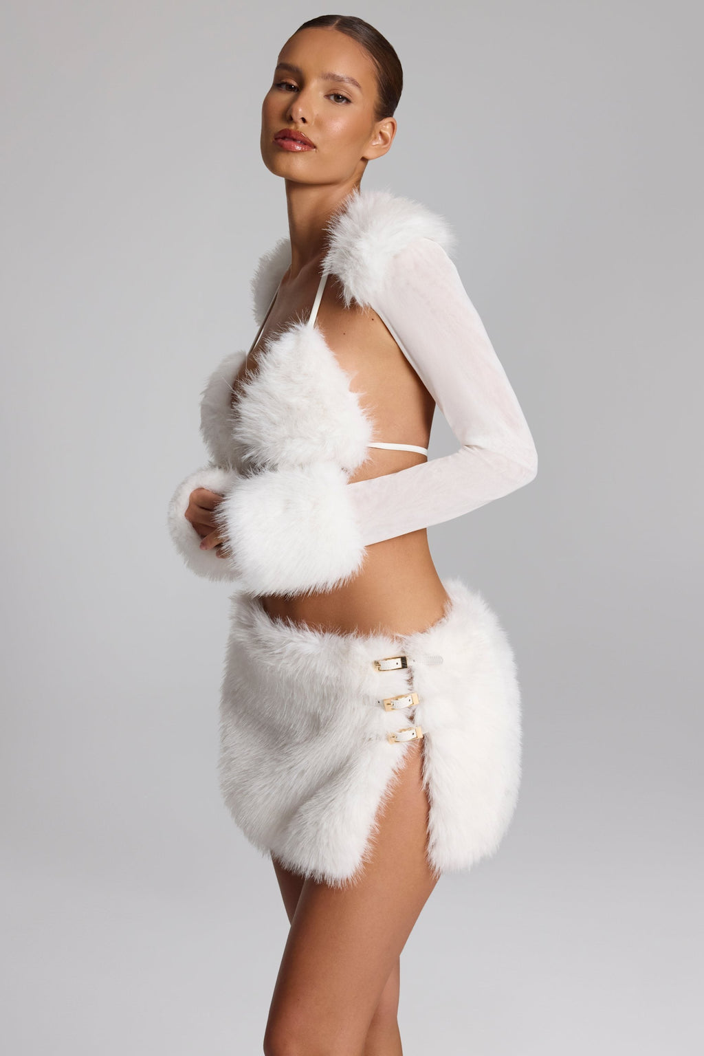 Faux Fur-Trim Bolero in White