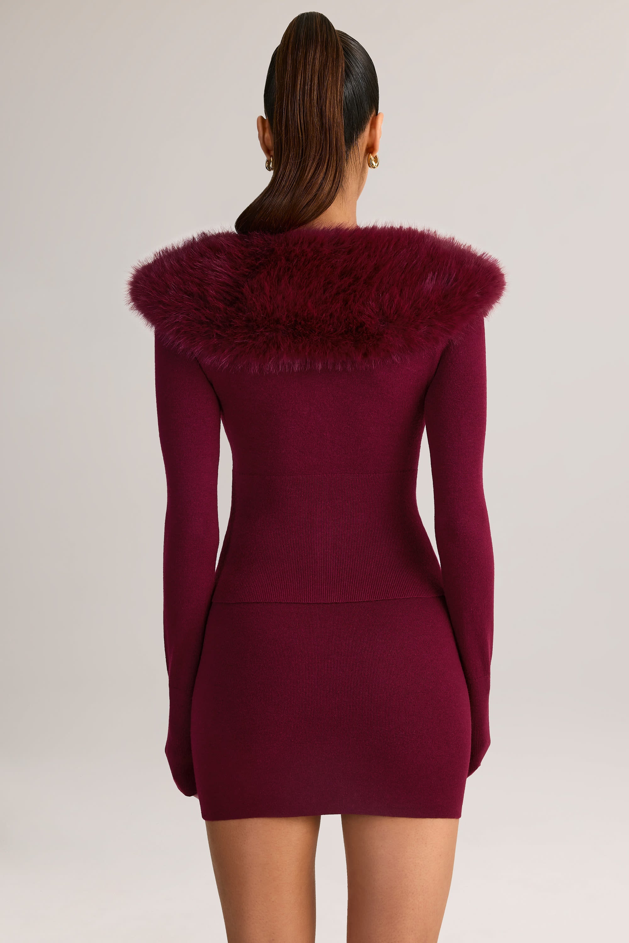 Knit Faux-Fur-Trim Cardigan in Wine