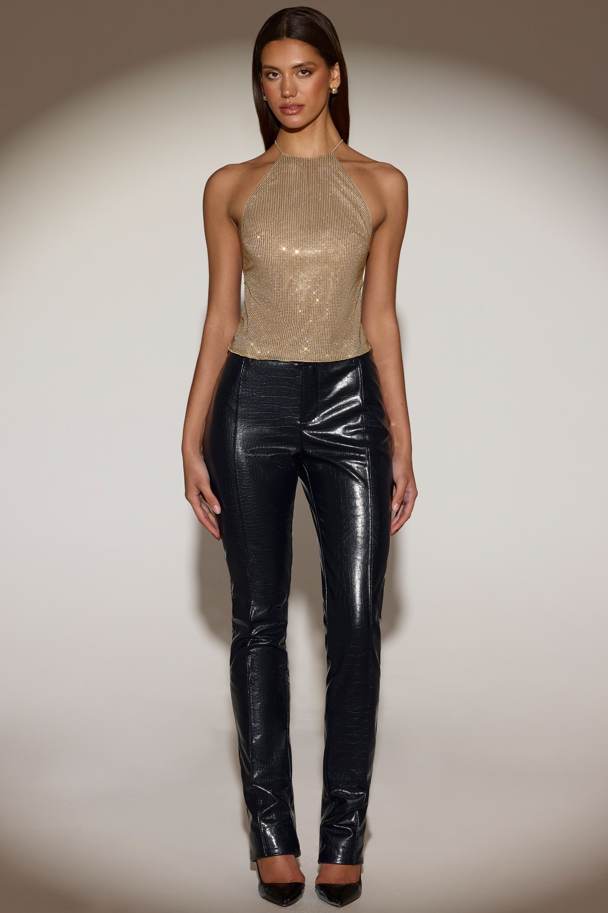Embellished Halterneck Backless Top in Gold