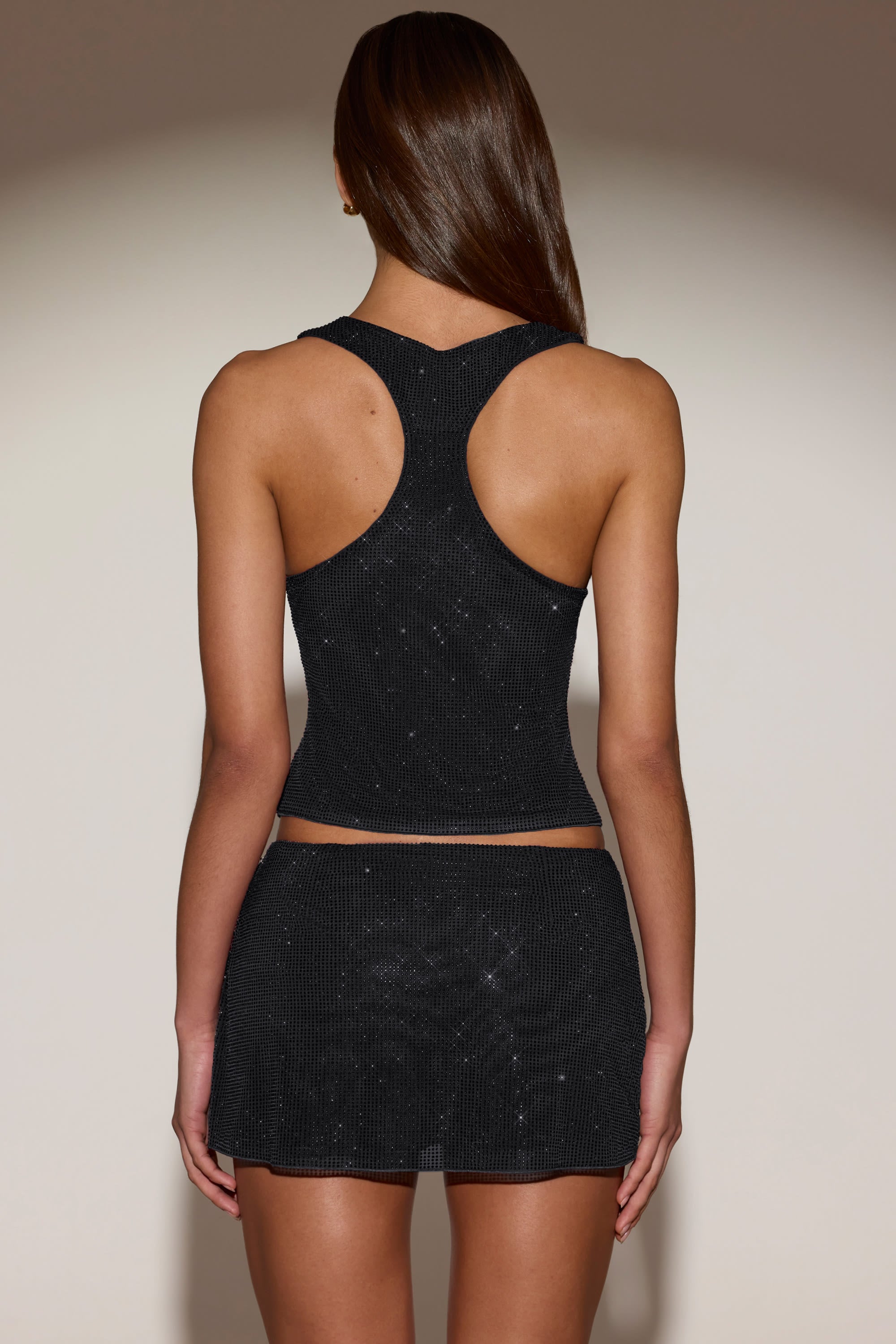 Embellished Jersey Scoop-Neck Racerback Top in Black