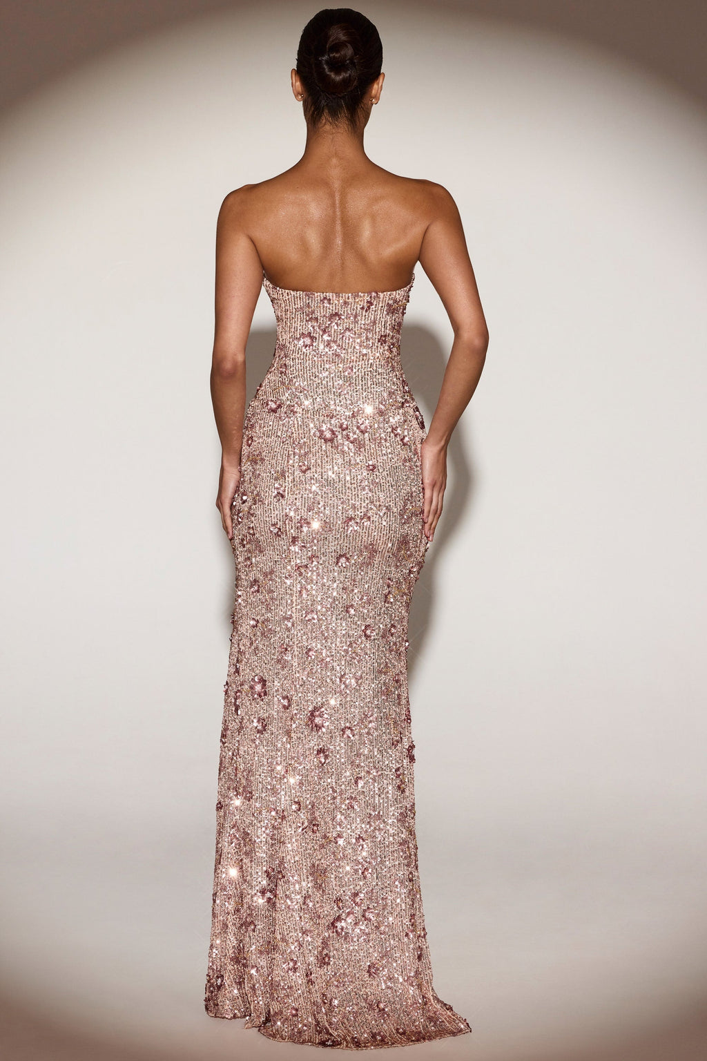 Embellished Bandeau-Neck Strapless Gown in Rose Gold