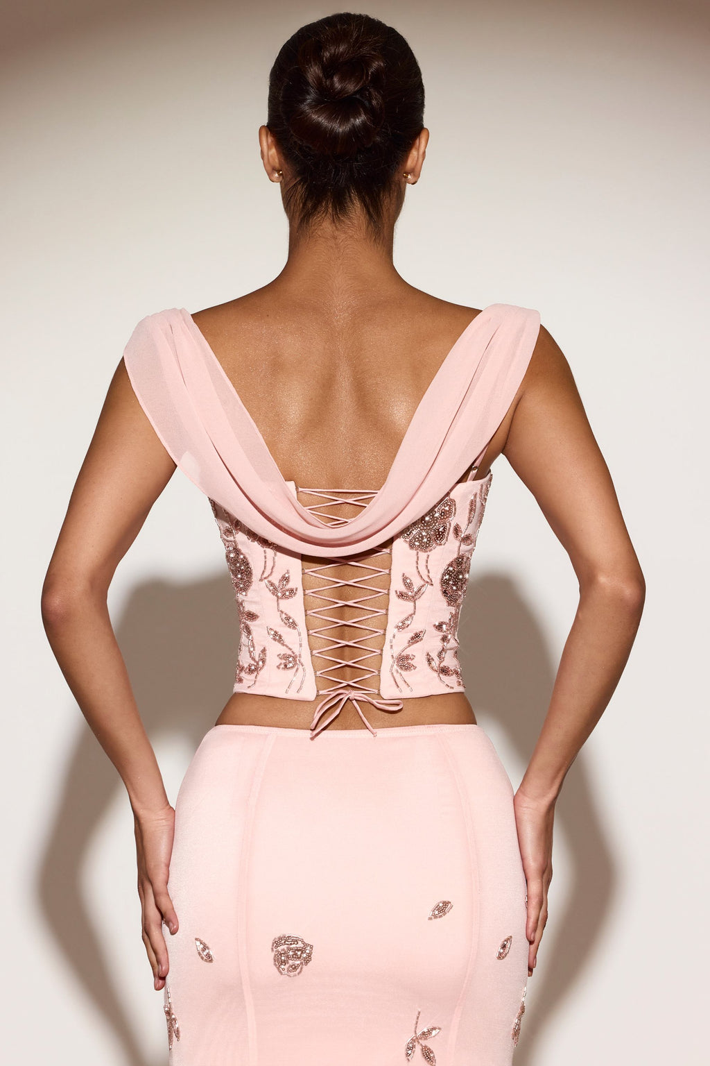 Embellished Draped Lace-Up Corset Top  in Pink