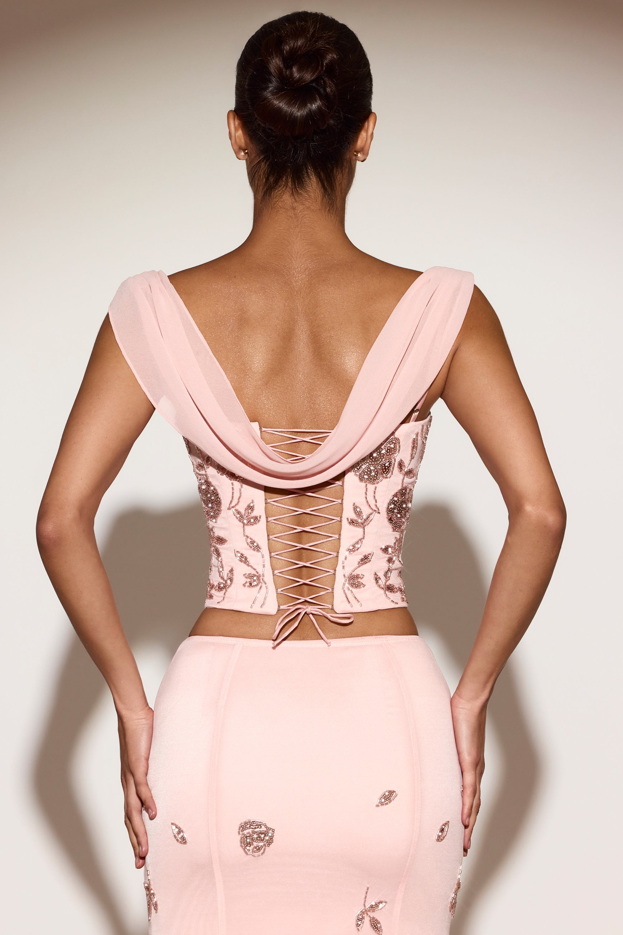 Embellished Draped Lace-Up Corset Top  in Pink