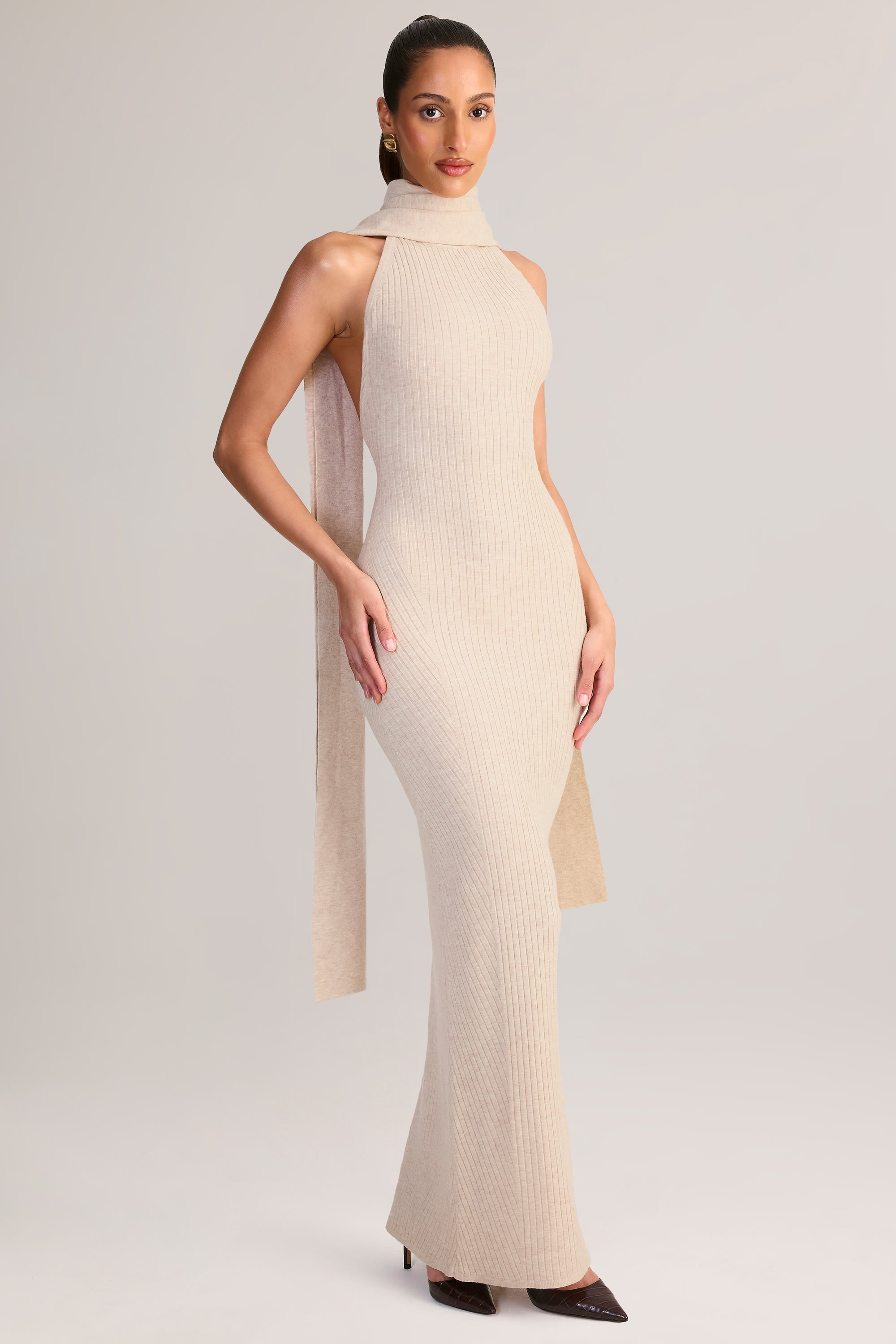 Rib-Knit Scarf-Detail Halterneck Maxi Dress in Cream