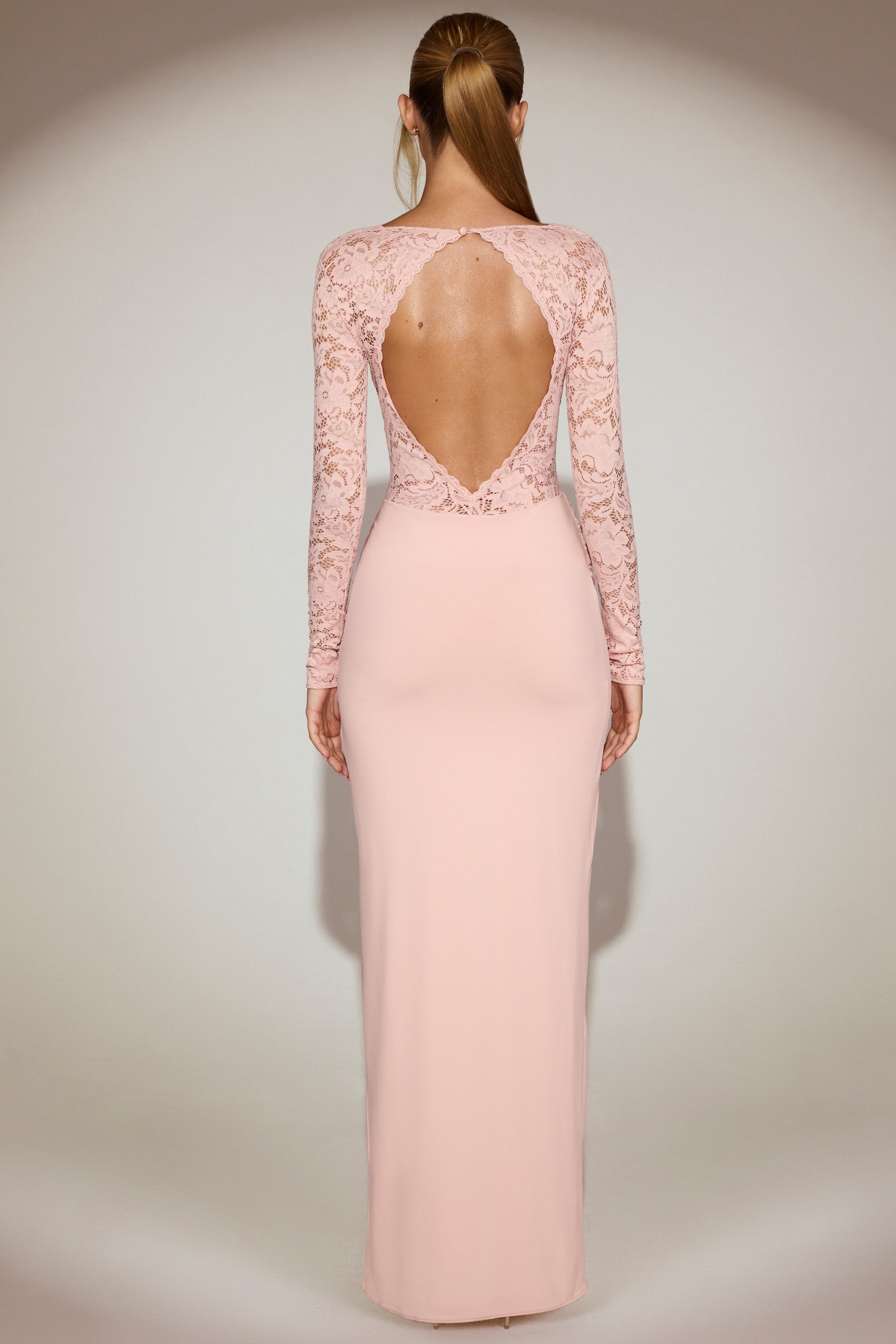Lace Scalloped Plunge-Neck Maxi Dress in Pink