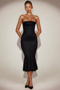 Satin Lace-Trim Bandeau Fluted Midaxi Dress in Black