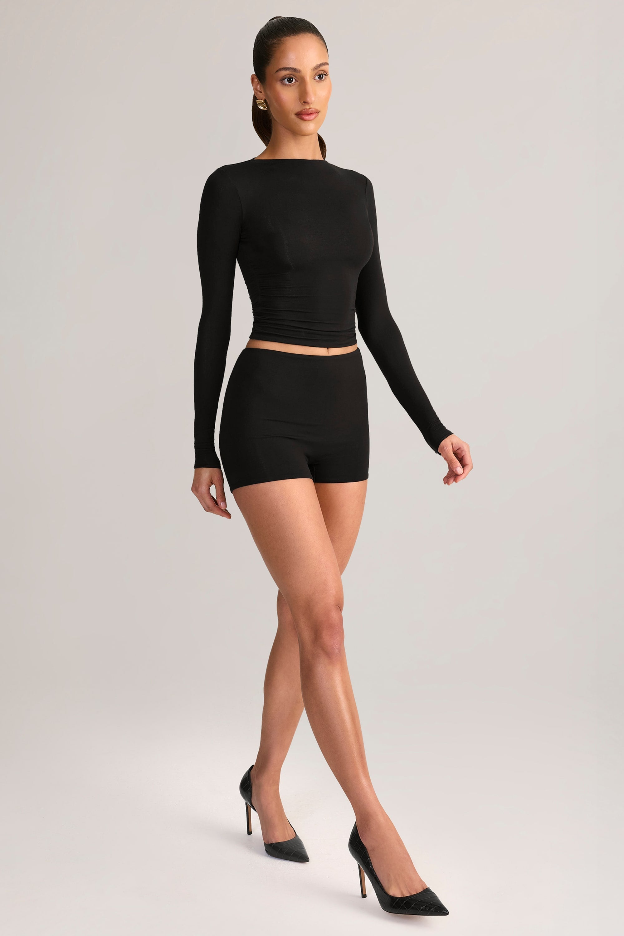 Modal High-Rise Bodycon Mini Shorts in Black