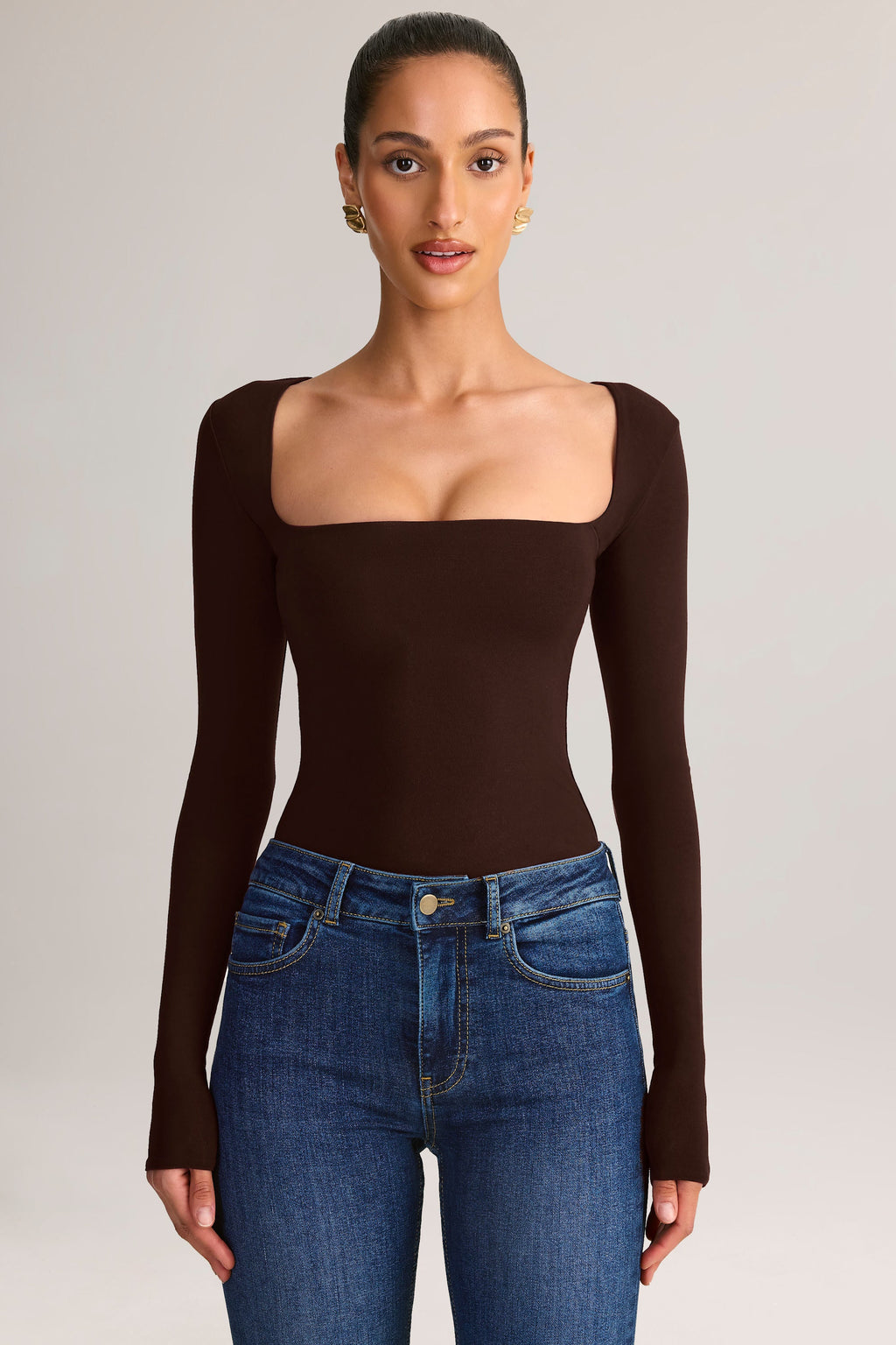 Modal Square-Neck Long-Sleeve Top in Chocolate Brown