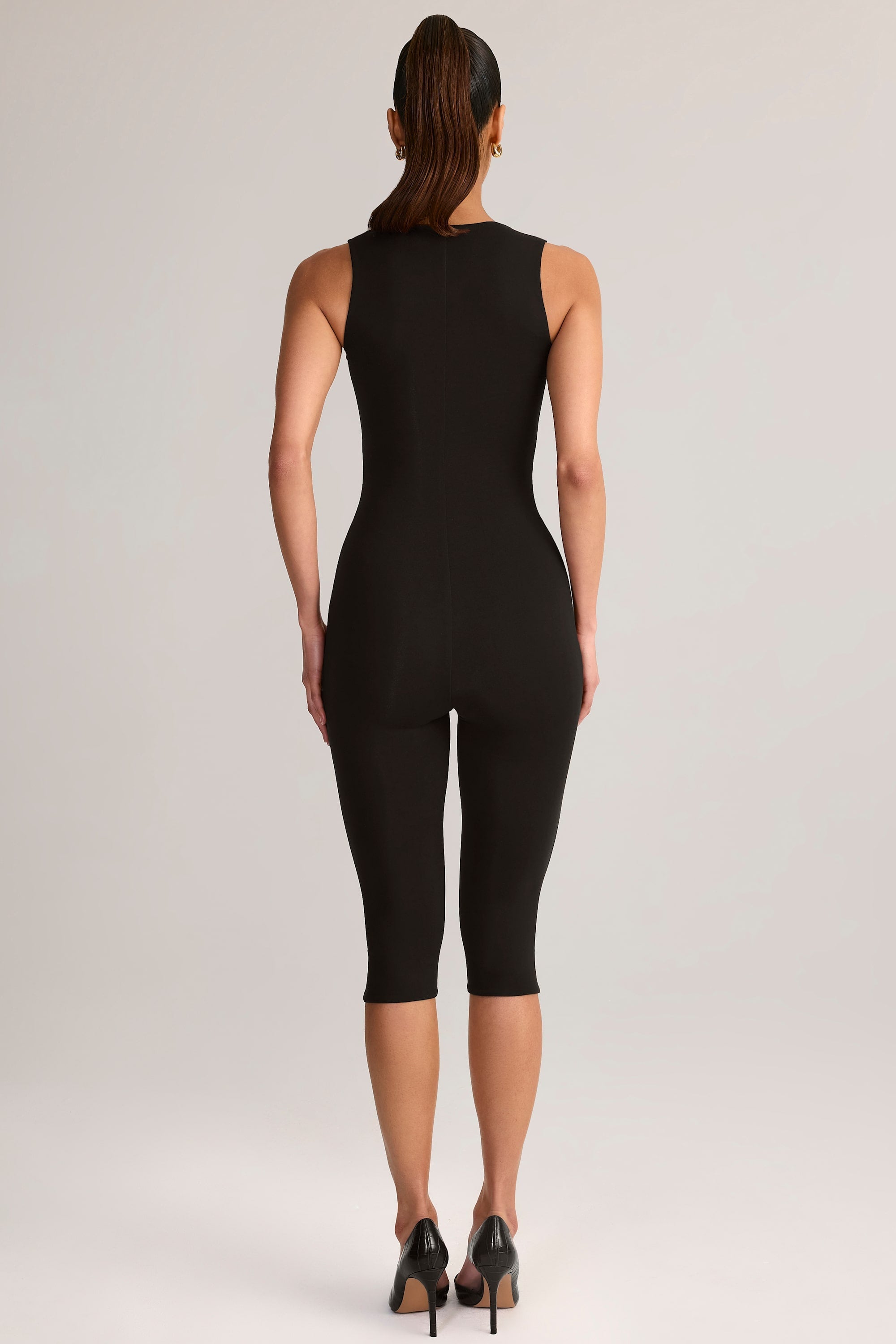 Modal Square-Neck Bodycon Capri Jumpsuit in Black