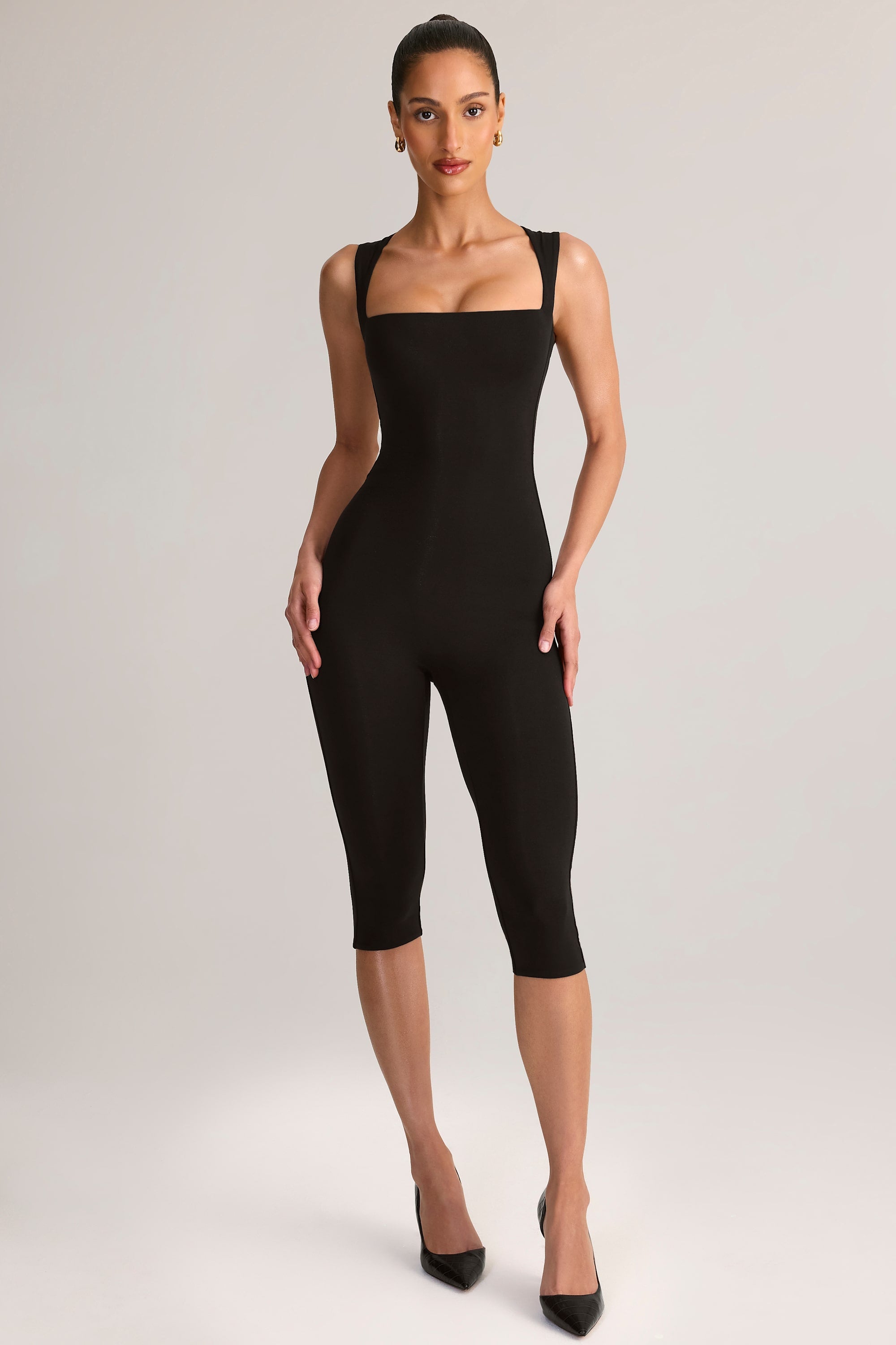 Modal Square-Neck Bodycon Capri Jumpsuit in Black