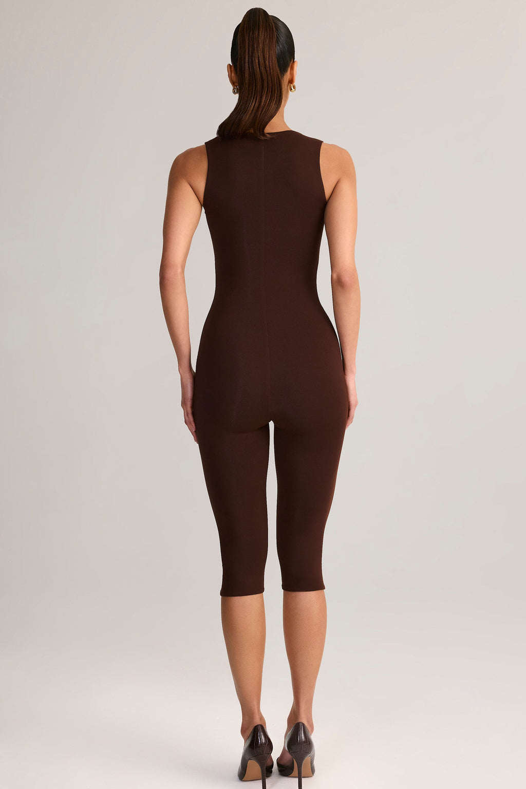 Modal Square-Neck Bodycon Capri Jumpsuit in Chocolate Brown