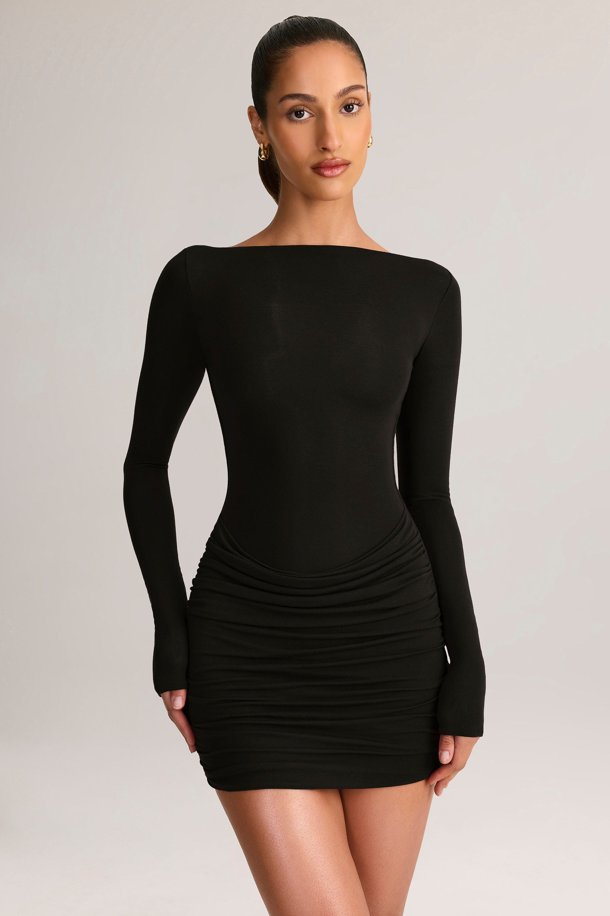 Modal Boat-Neck Draped Long-Sleeve Mini Dress in Black