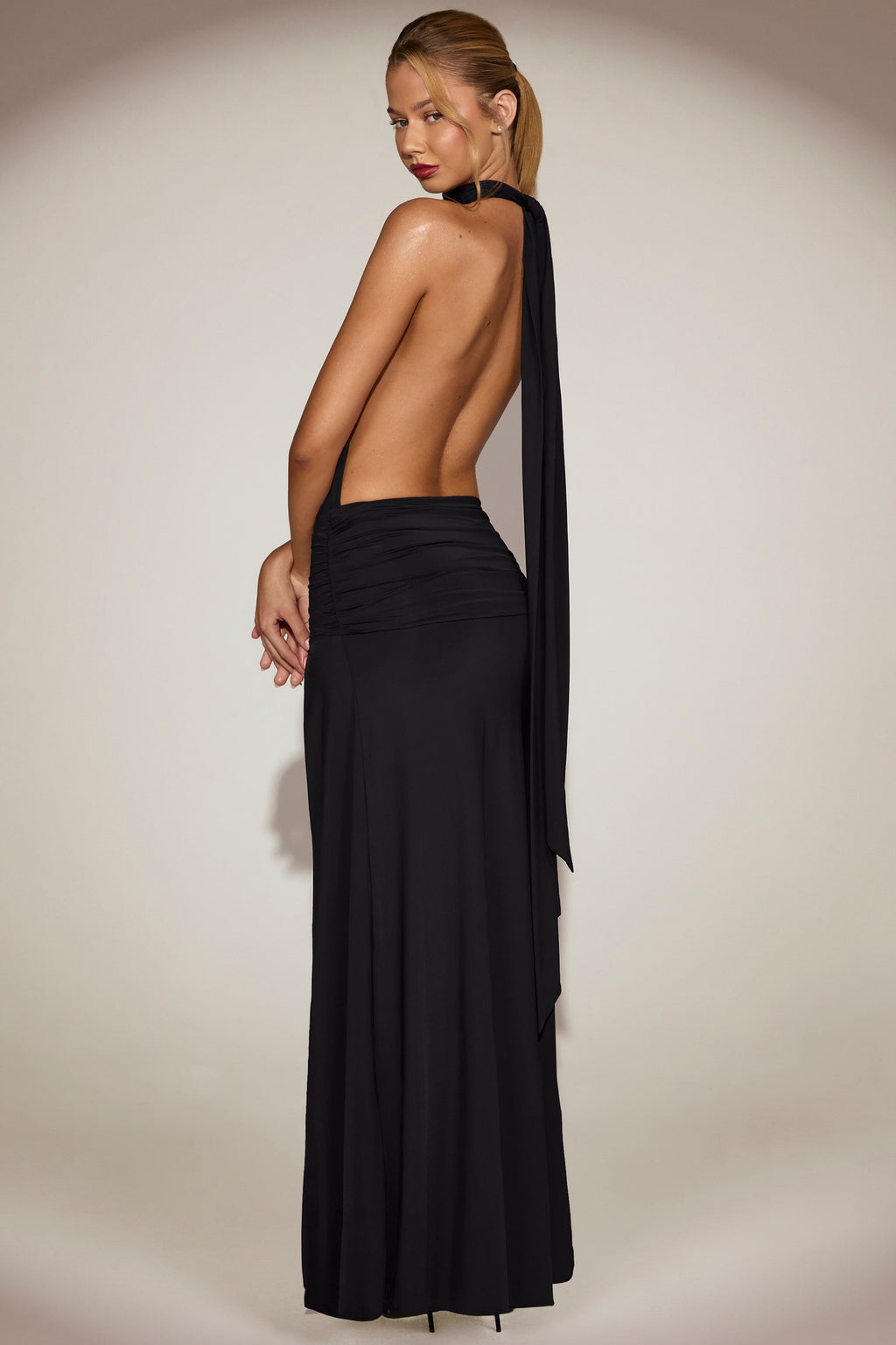Soft-Jersey Halterneck Backless Maxi Dress in Black