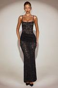 Sheer Lace Square-Neck Ruched Gown in Black