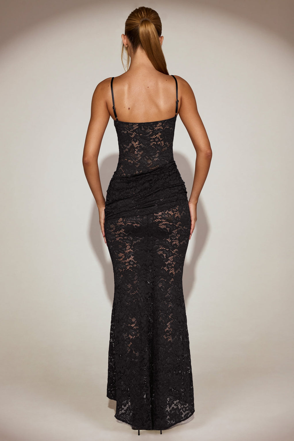 Sheer Lace Square-Neck Ruched Gown in Black
