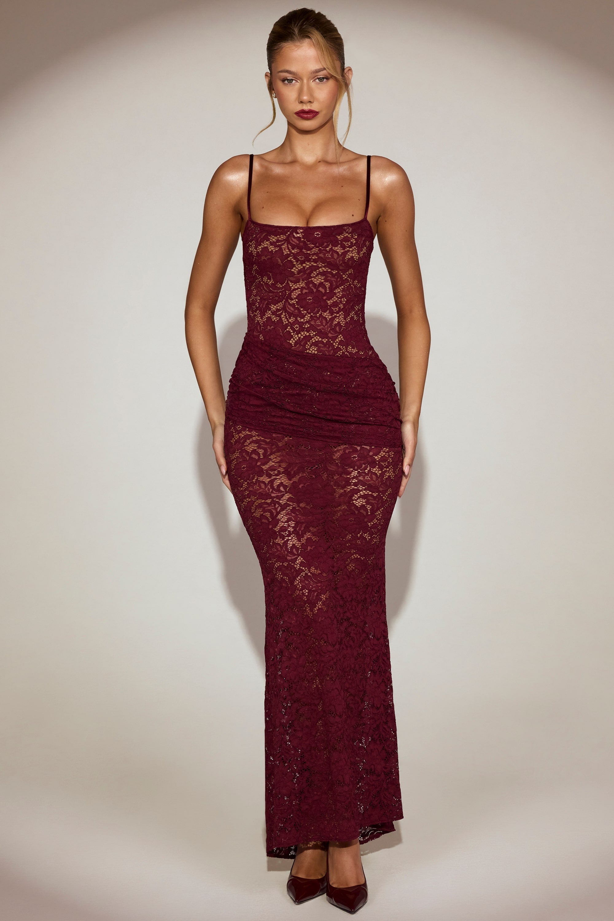Sheer Lace Square-Neck Ruched Gown in Wine Red