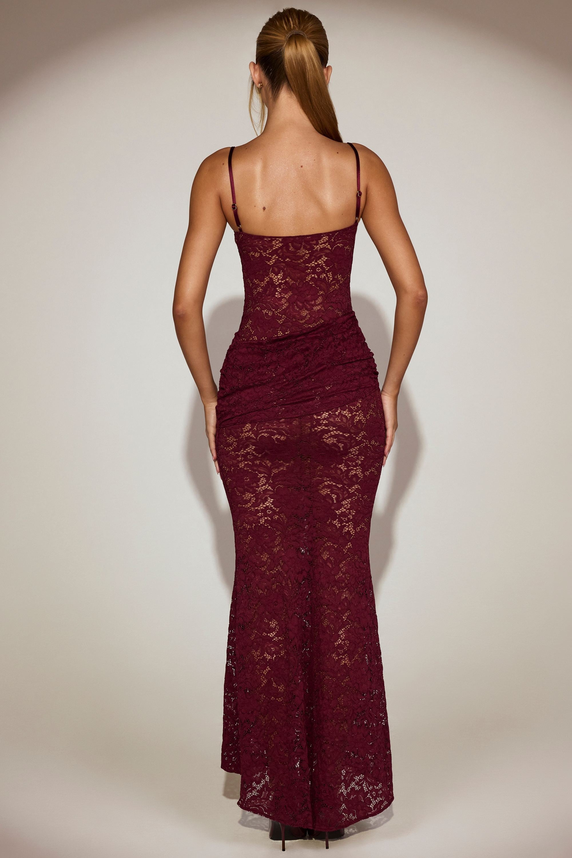 Sheer Lace Square-Neck Ruched Gown in Wine Red