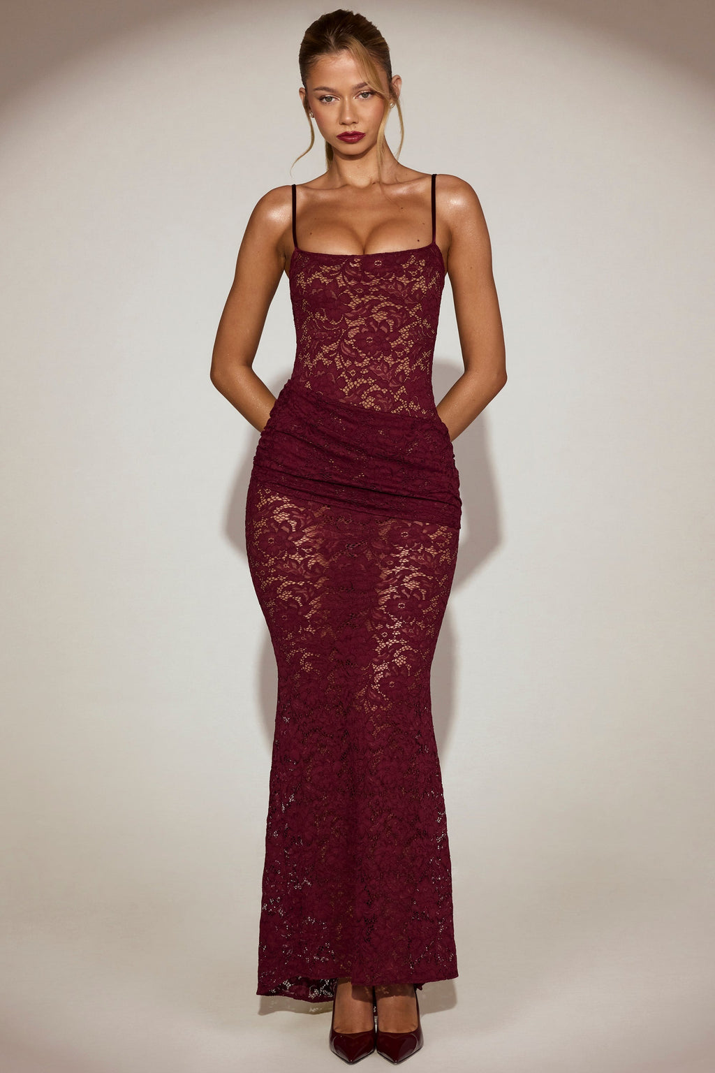 Sheer Lace Square-Neck Ruched Gown in Wine Red