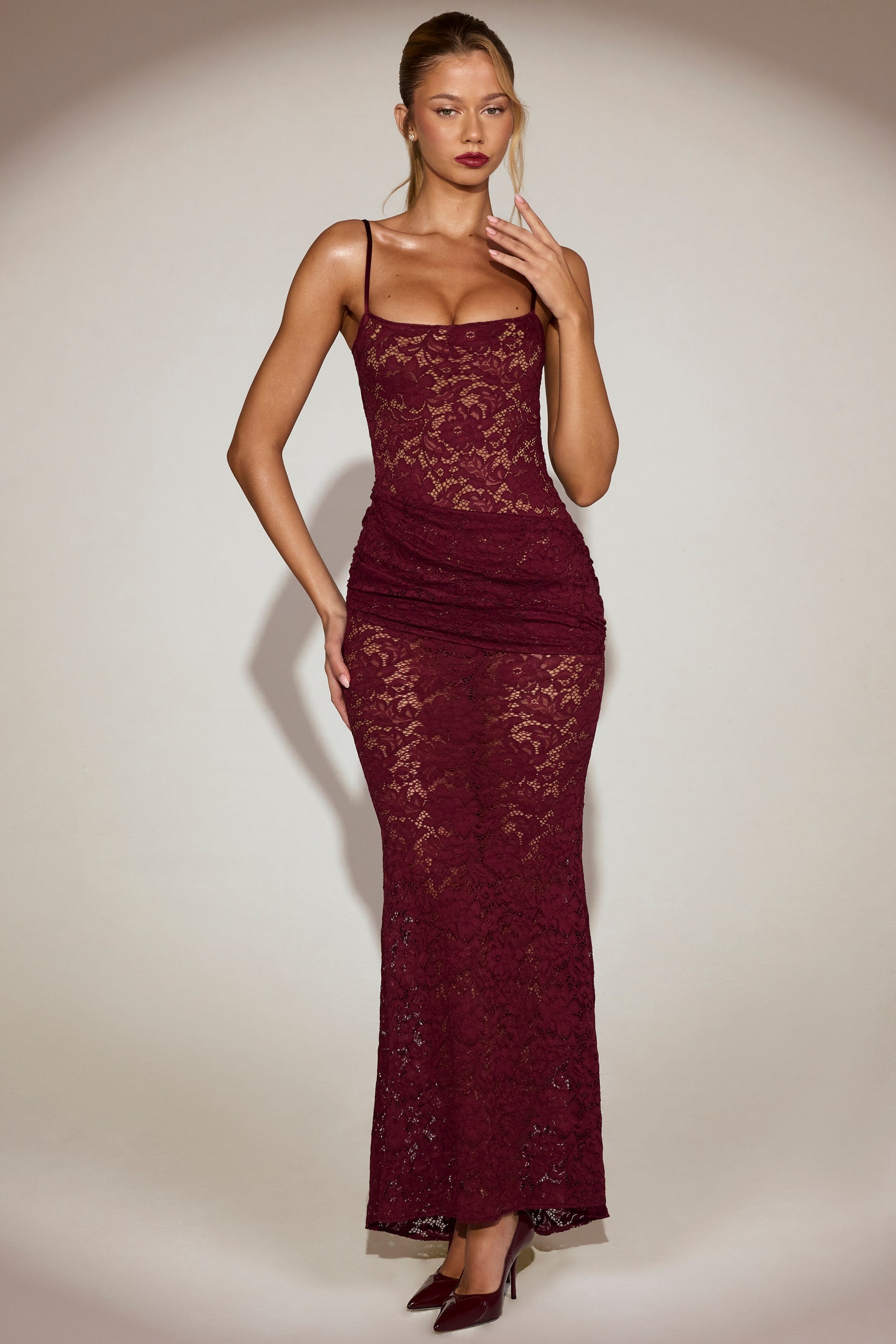 Sheer Lace Square-Neck Ruched Gown in Wine Red