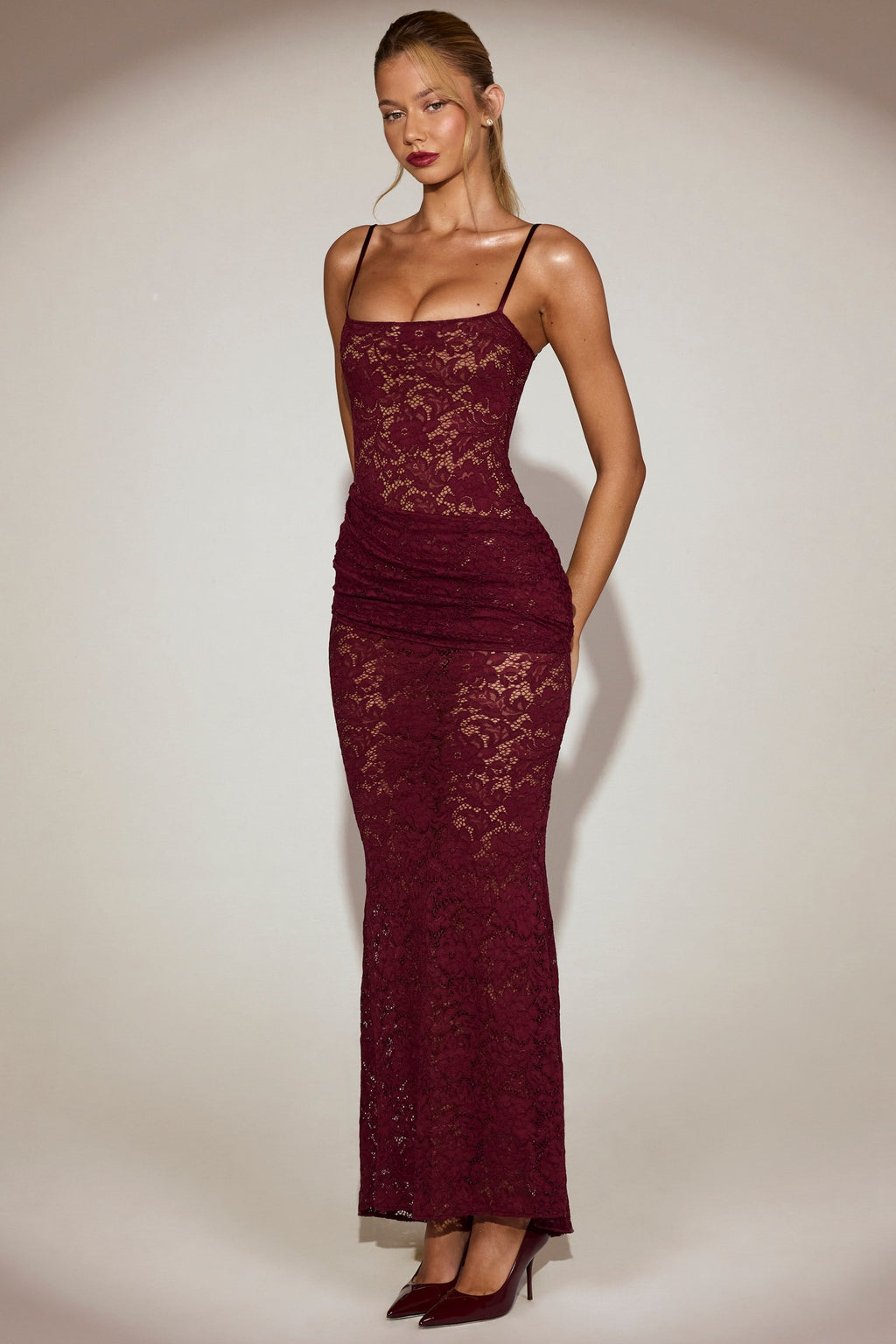 Sheer Lace Square-Neck Ruched Gown in Wine Red