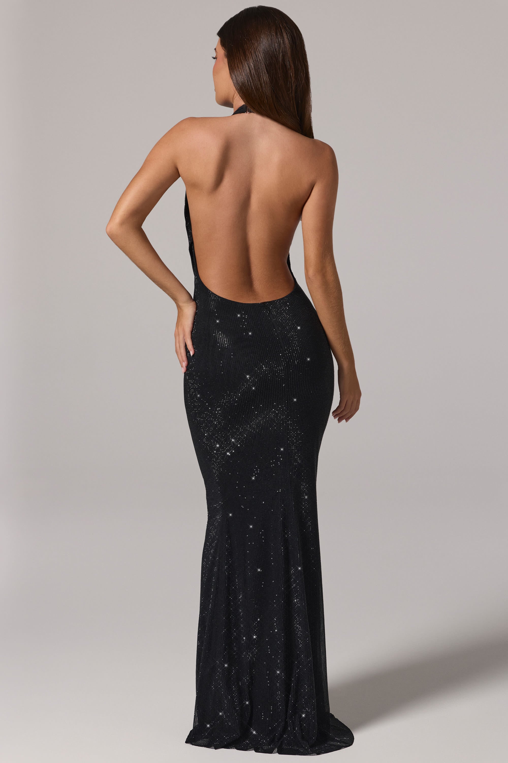 Embellished Cowl-Neck Backless Gown in Black