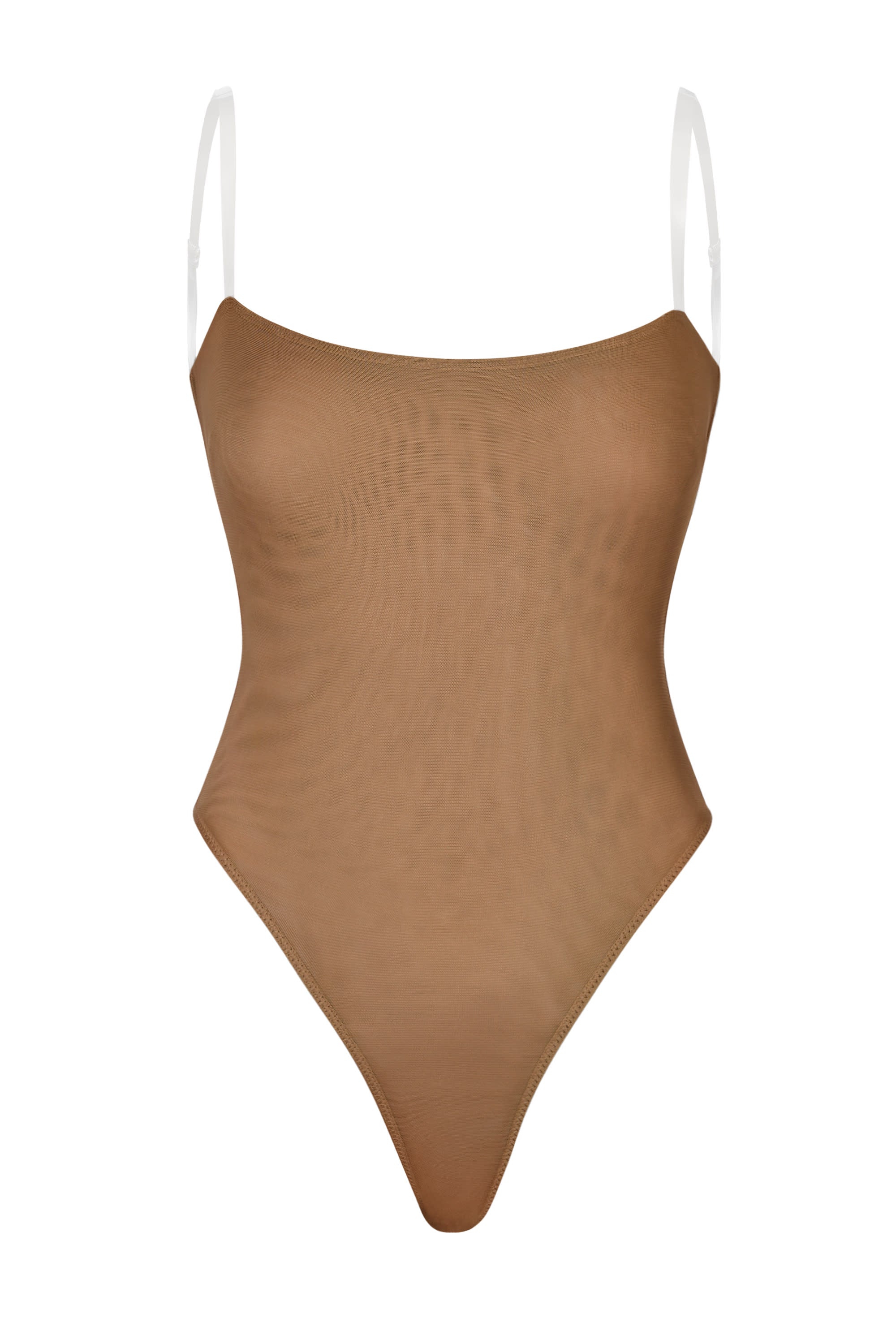 Soft Mesh Clear Strap Bodysuit in Almond