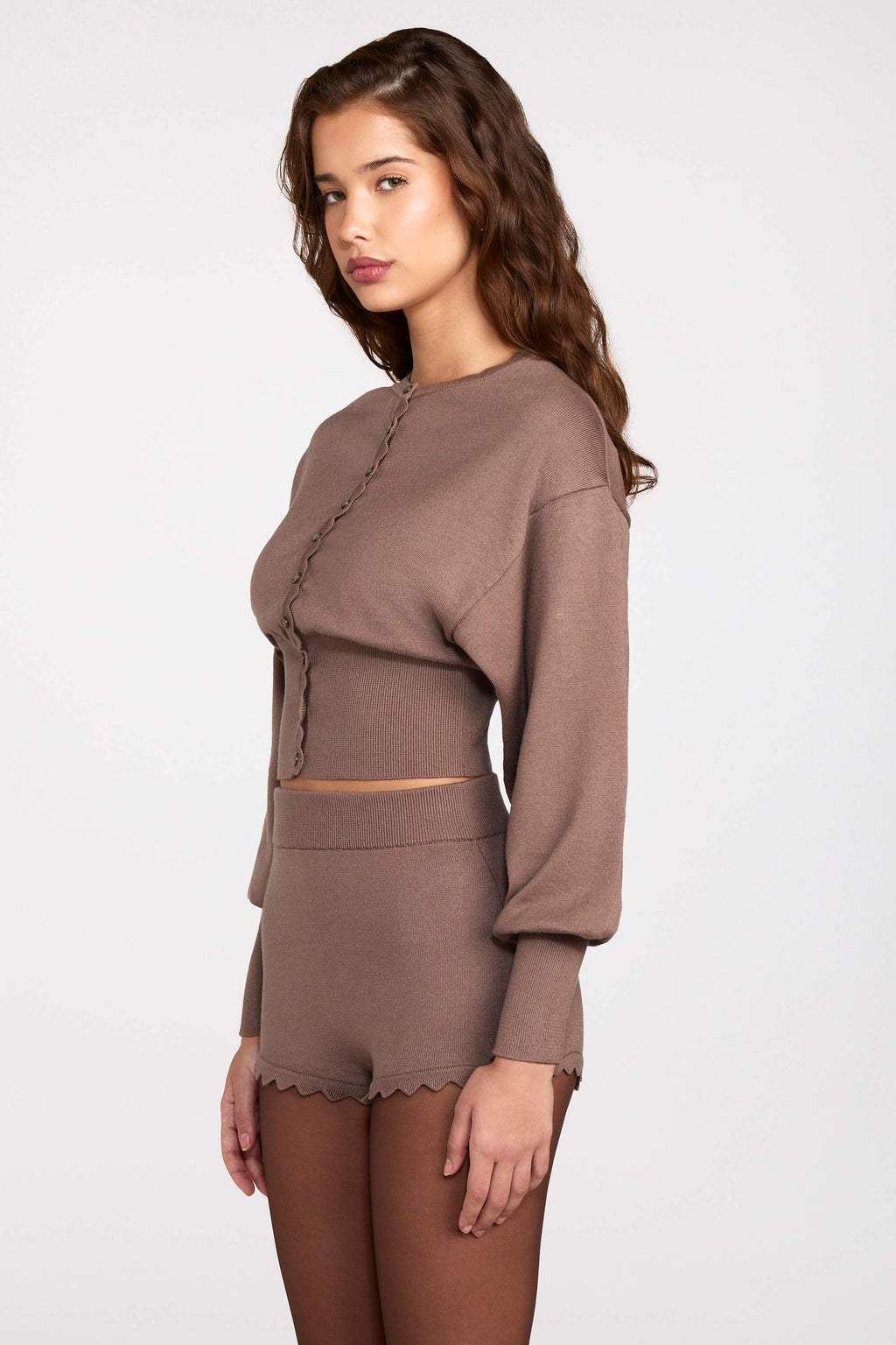 Knit Long-Sleeve Cardigan in Mocha