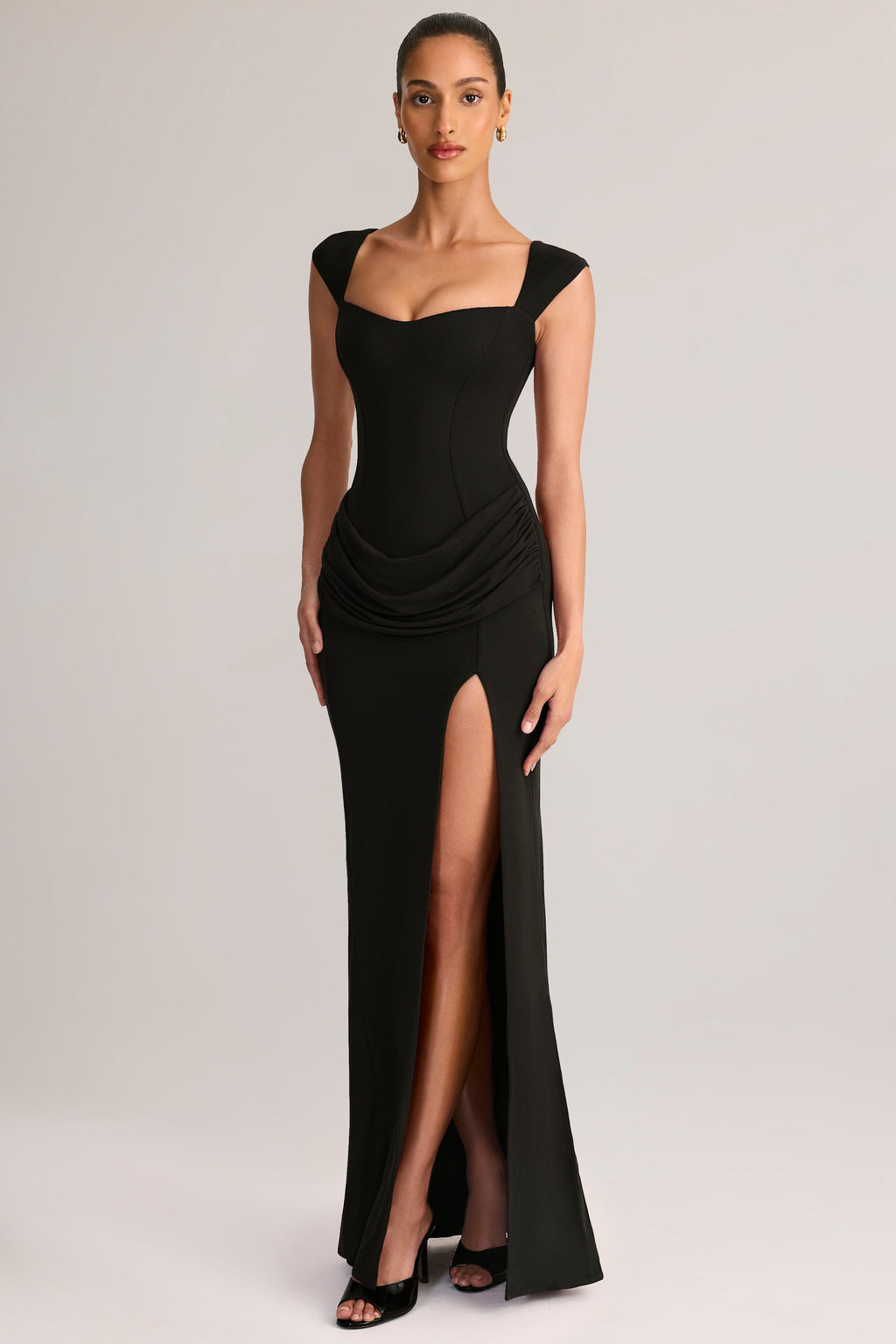 Modal Sweetheart-Neck Cowl-Waist Maxi Dress in Black
