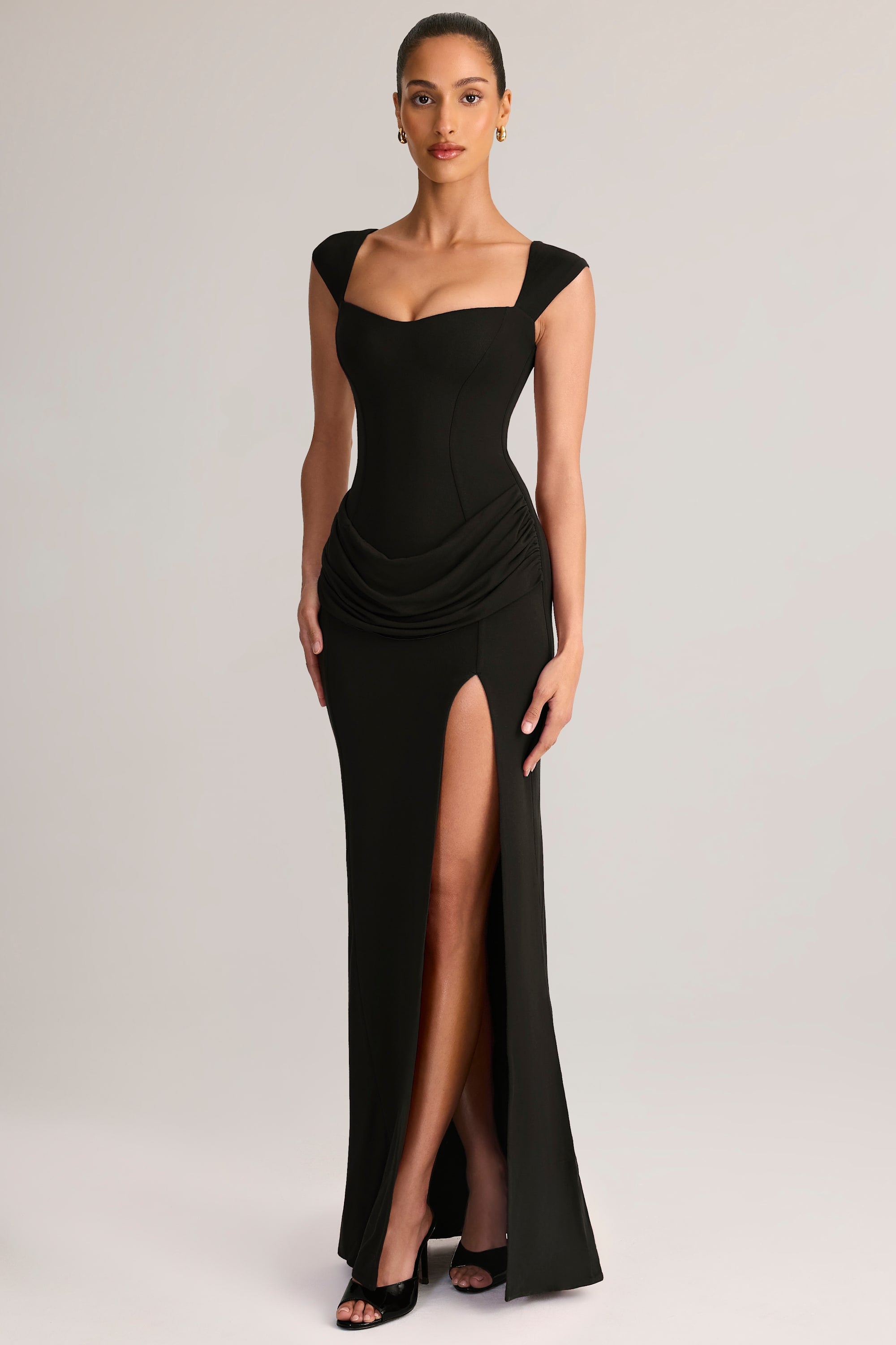 Modal Sweetheart-Neck Cowl-Waist Maxi Dress in Black