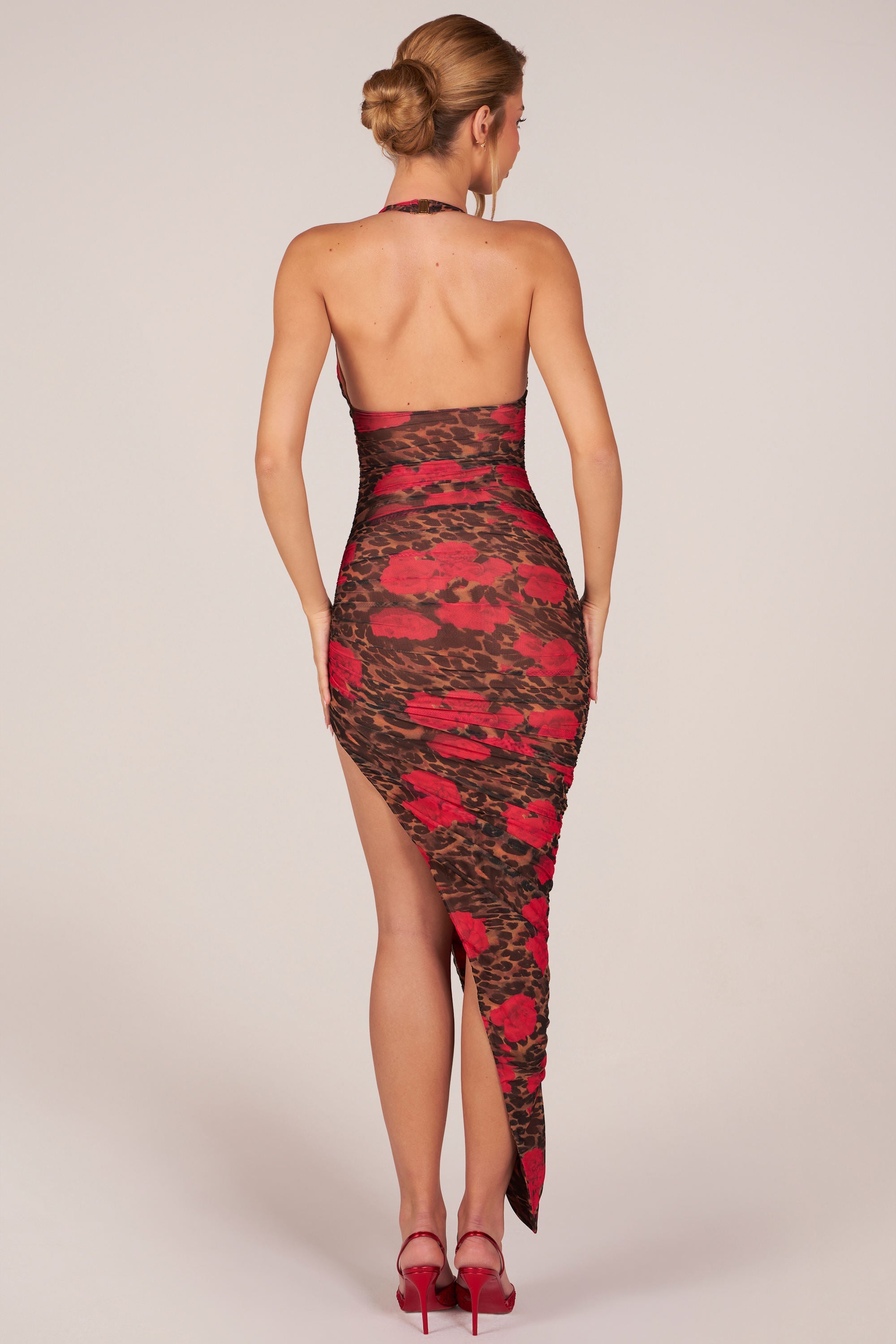 Halterneck Split Hem Midaxi Dress in Rose Leopard Print