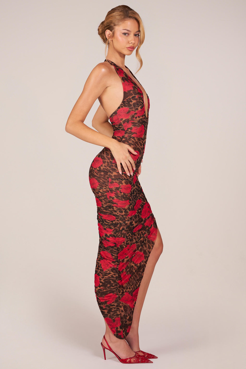 Halterneck Split Hem Midaxi Dress in Rose Leopard Print