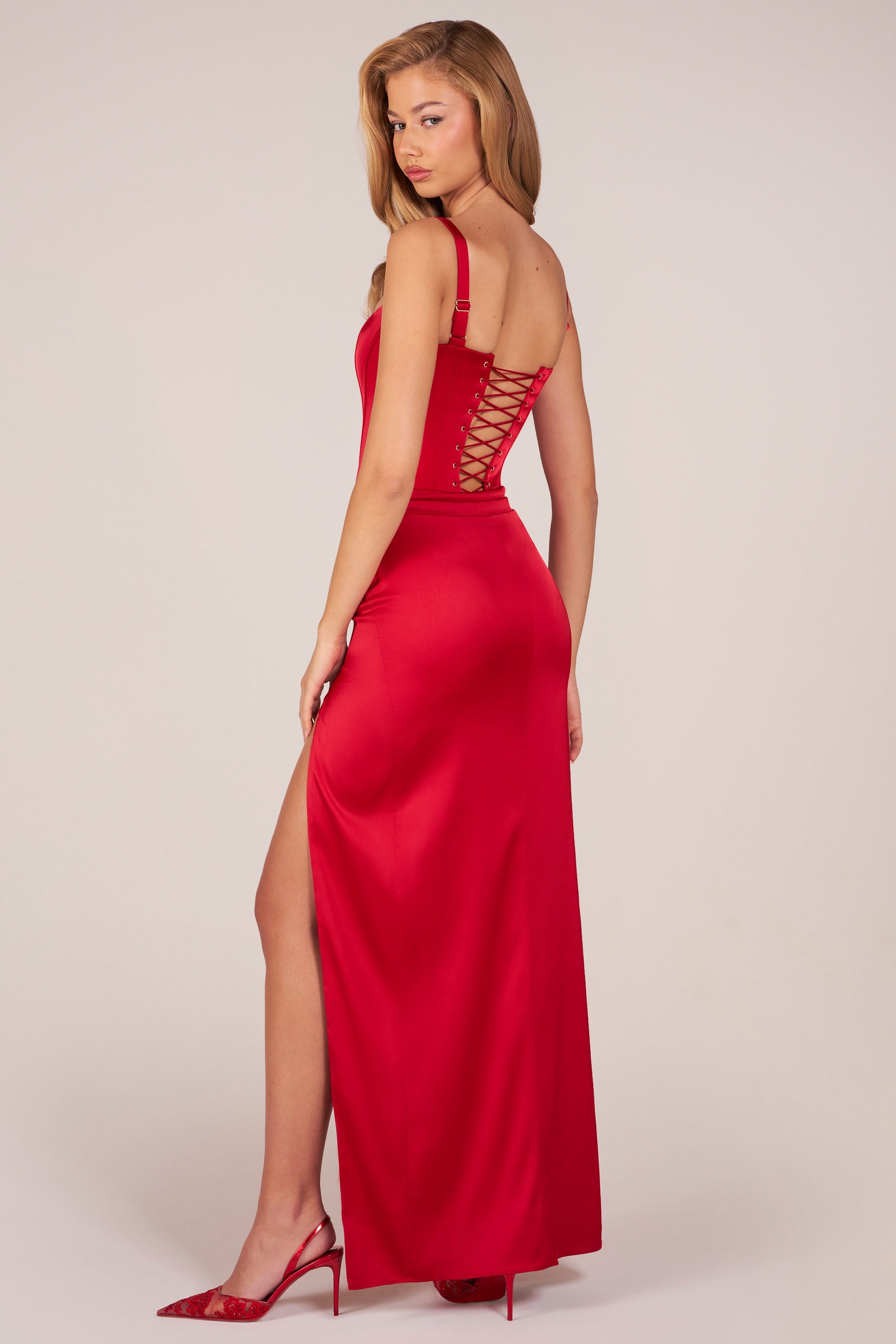 Corseted Thigh-High Split Maxi Dress in Rose Red
