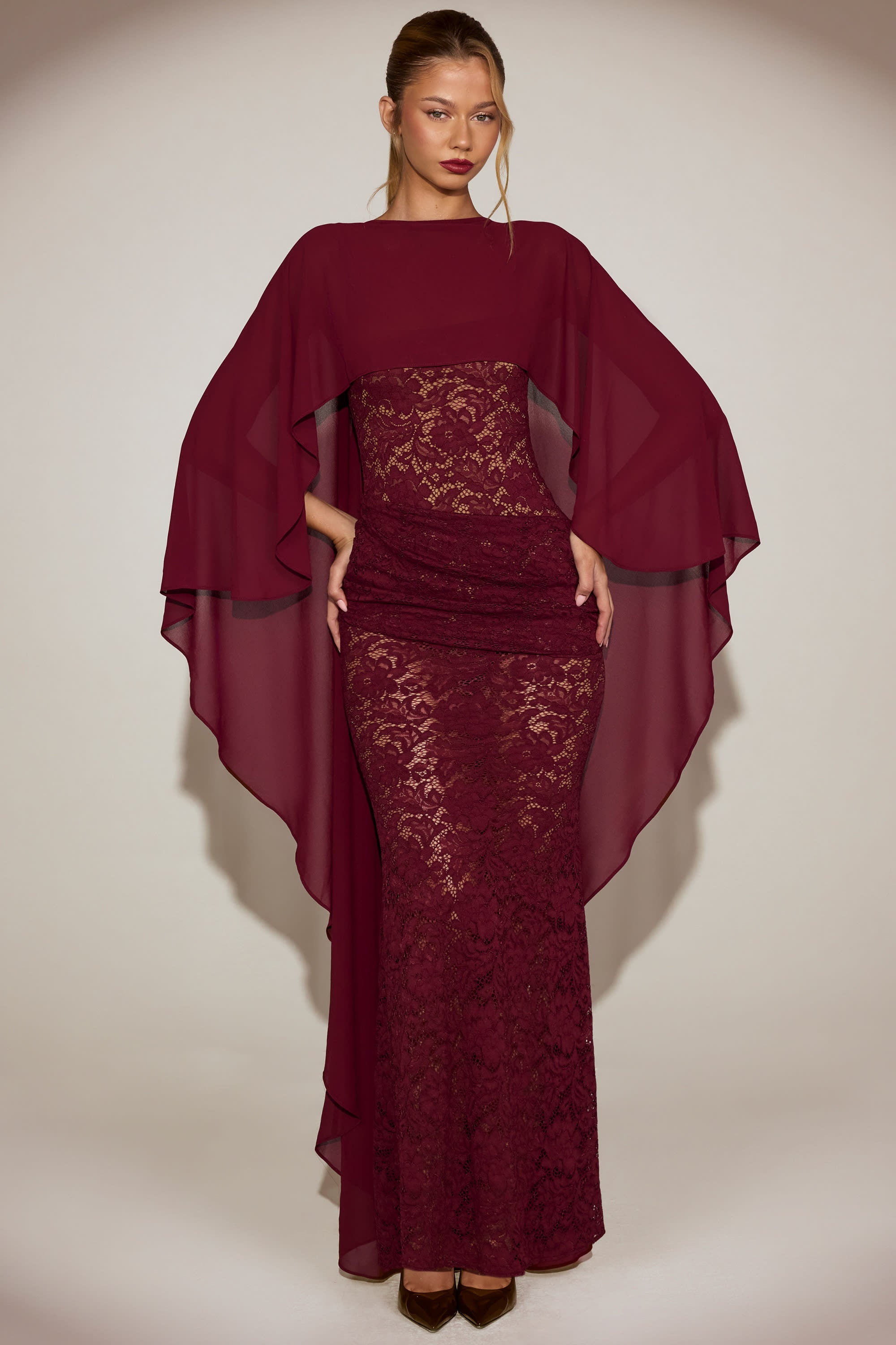Sheer Chiffon Draped Cape in Wine Red