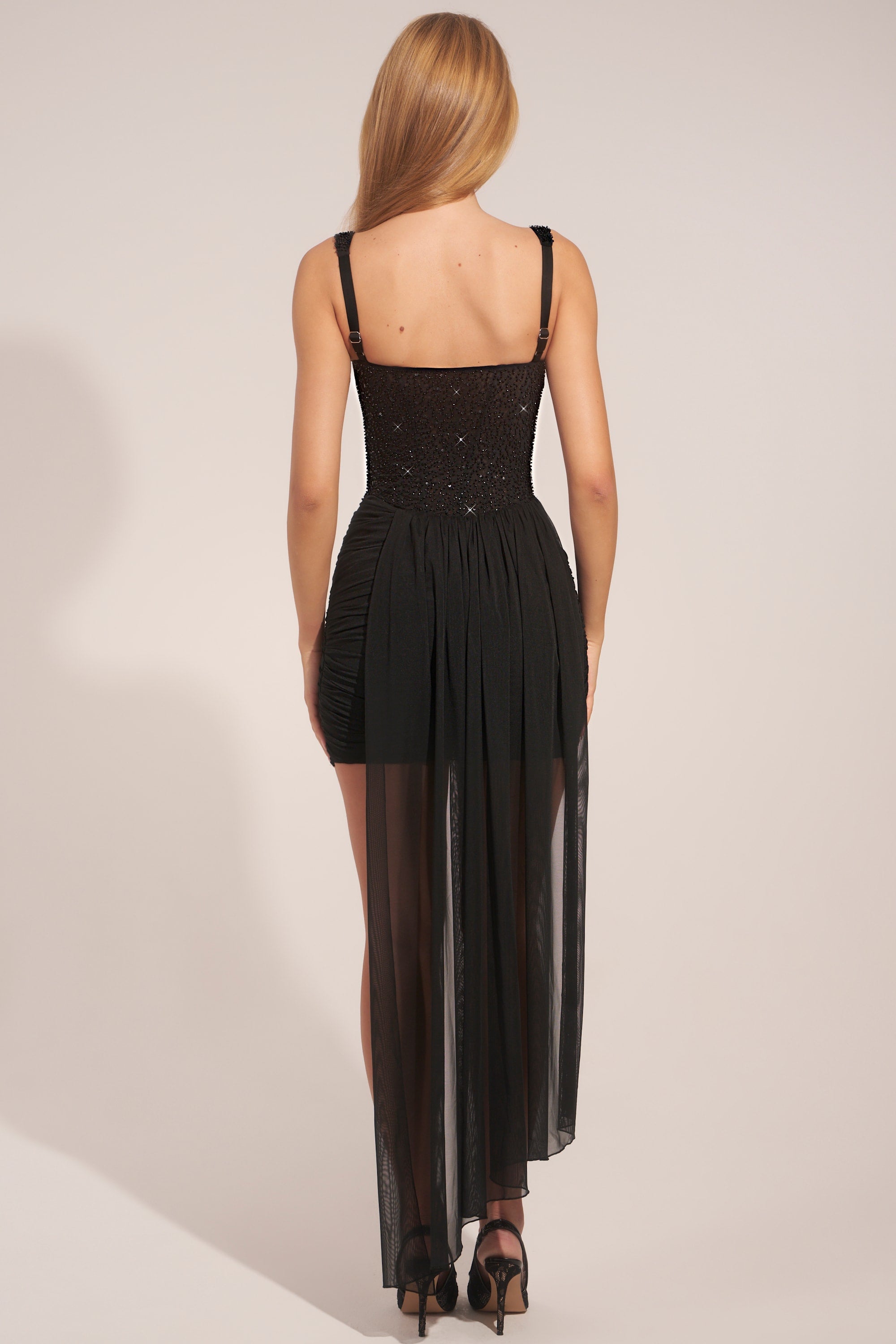 Corseted Draped Mini Dress in Black