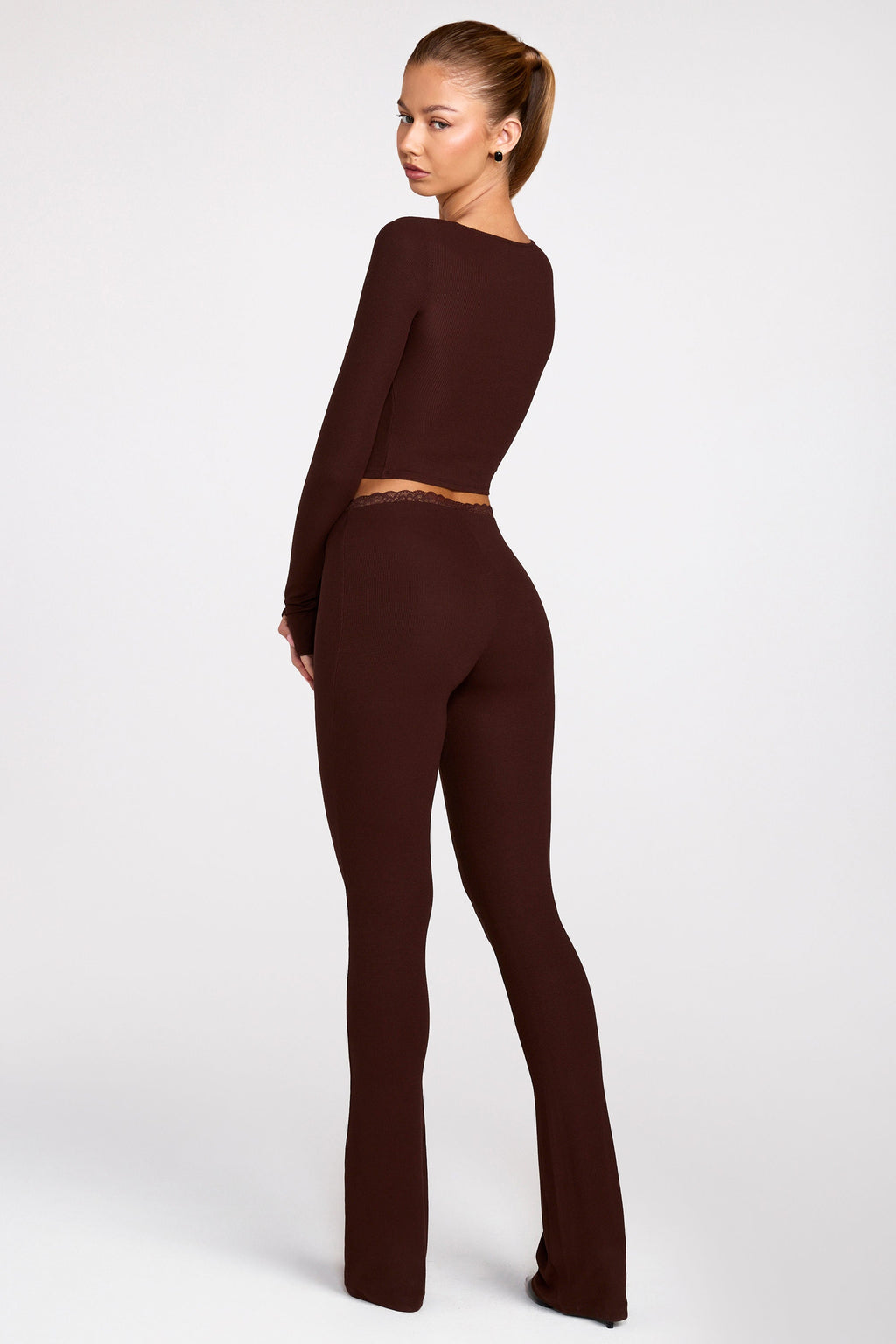 Modal Mid-Rise Flared Trousers in Chocolate Brown