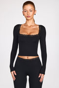 Ribbed Modal Square-Neck Long-Sleeve Top in Black