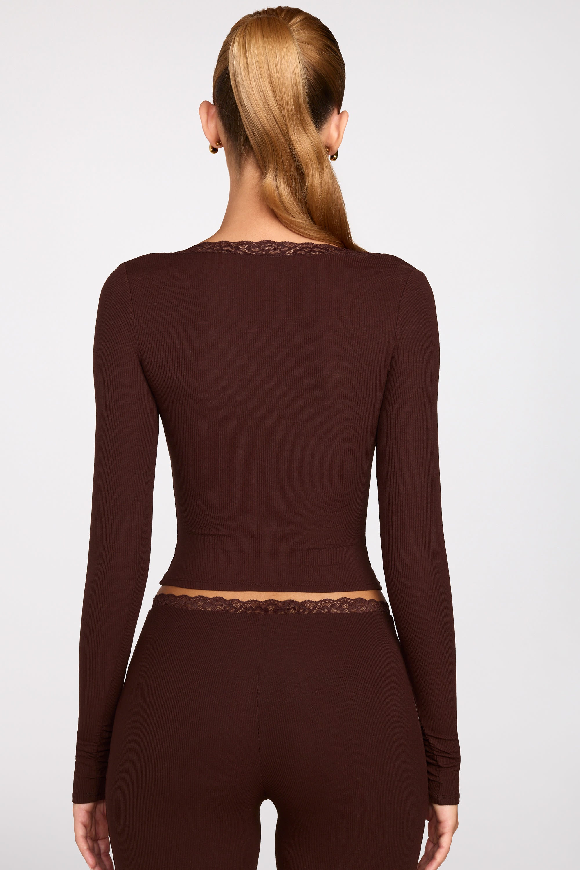 Ribbed Modal Square-Neck Long-Sleeve Top in Chocolate Brown