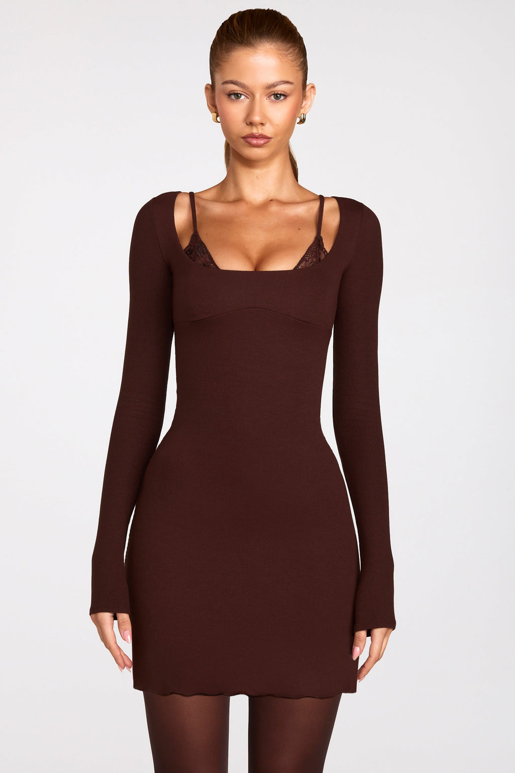 Ribbed Modal Long-Sleeve Laced Bra Mini Dress in Chocolate Brown