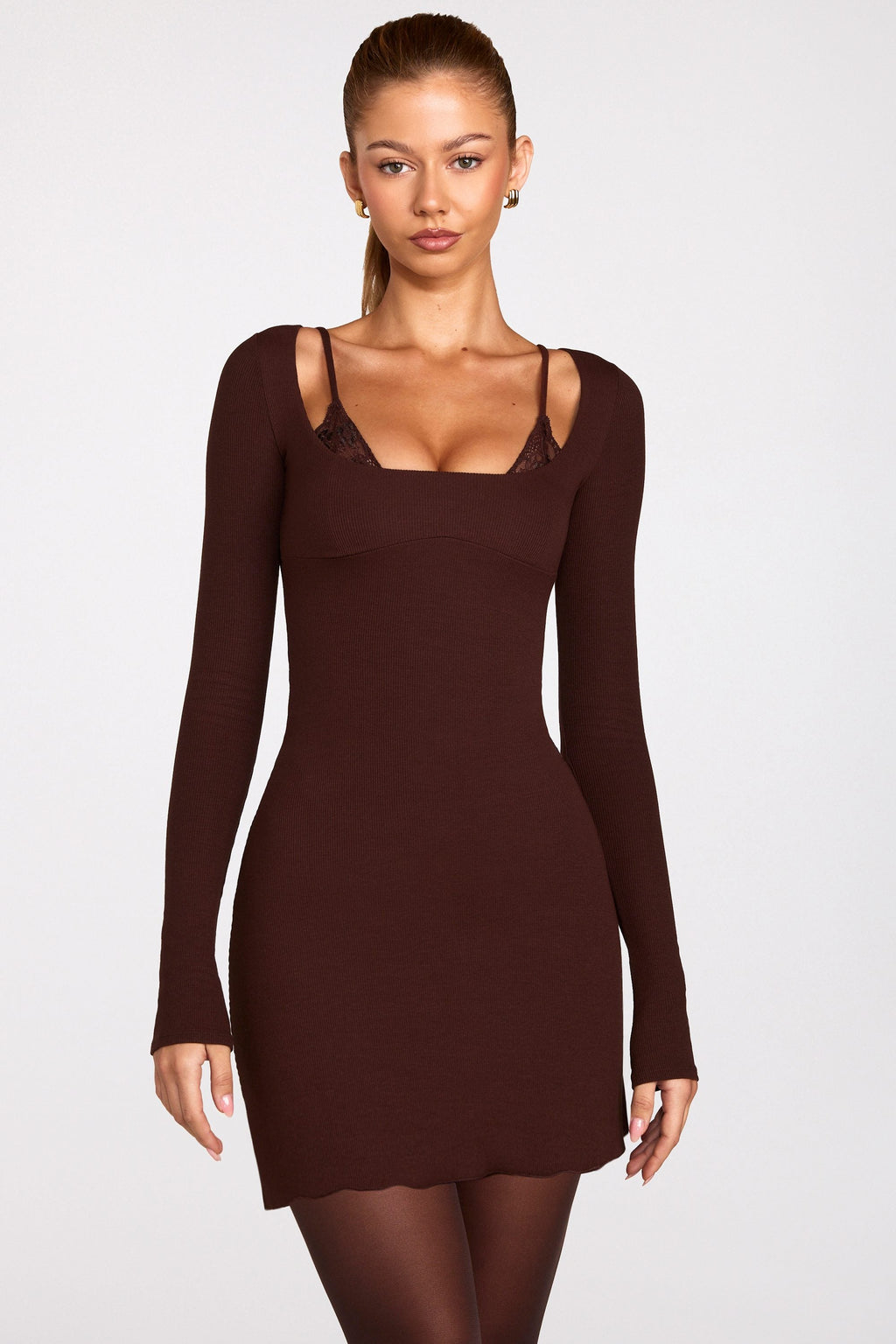 Ribbed Modal Long-Sleeve Laced Bra Mini Dress in Chocolate Brown