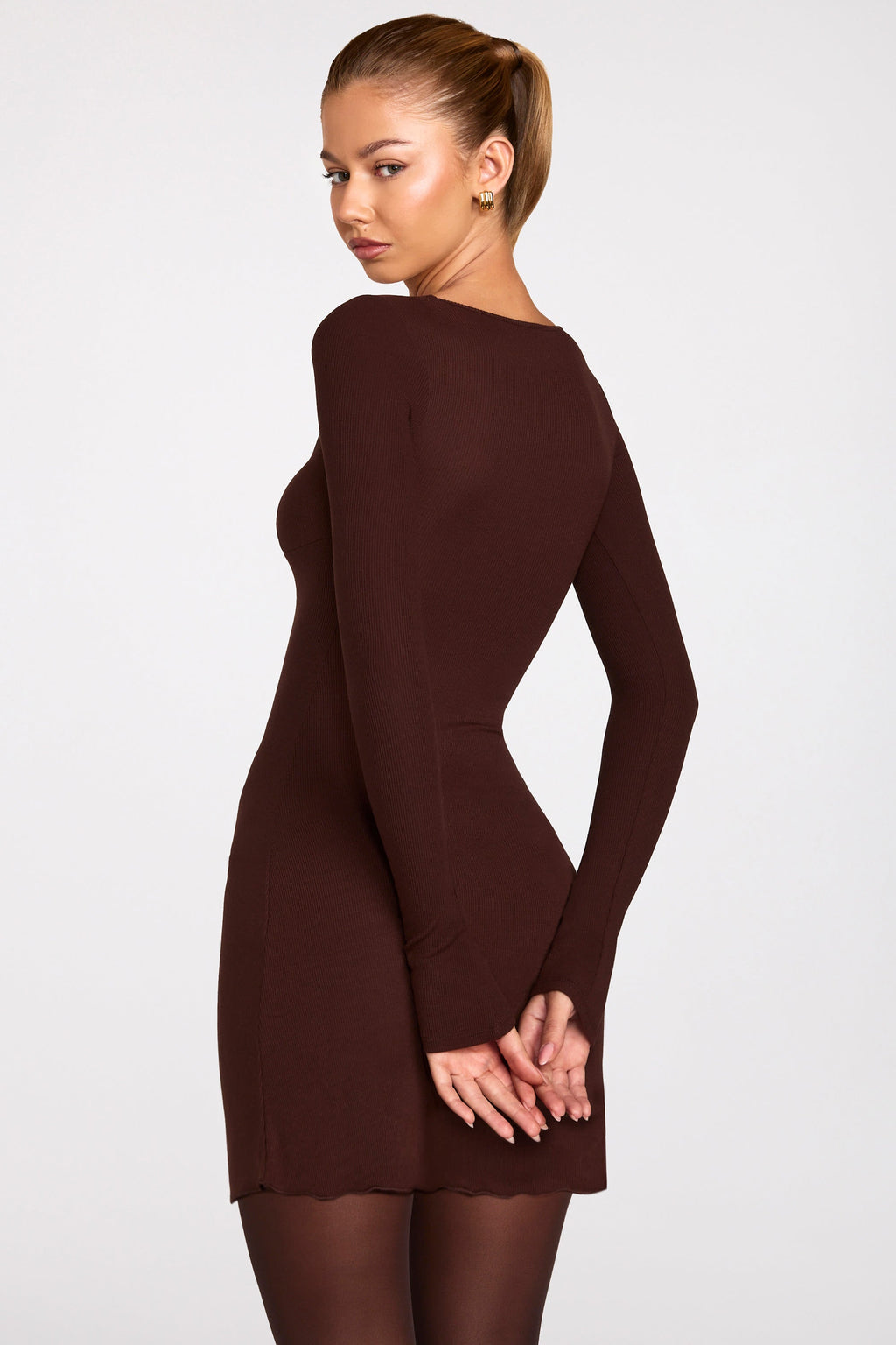 Ribbed Modal Long-Sleeve Laced Bra Mini Dress in Chocolate Brown