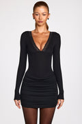 Ribbed Modal Long-Sleeve Draped Mini Dress in Black