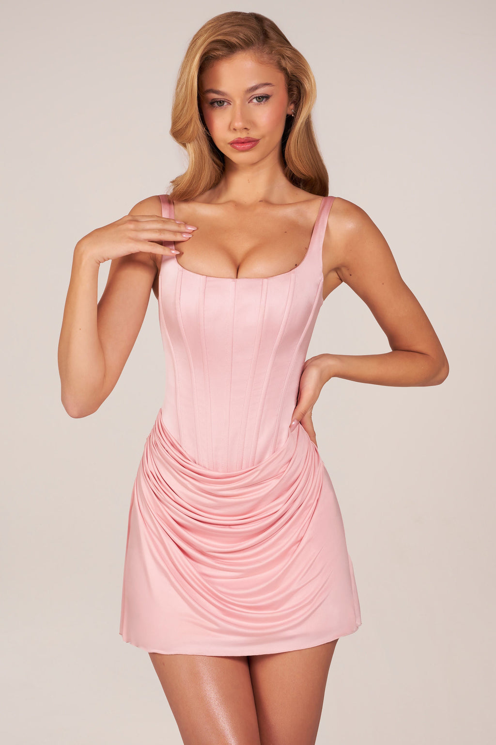 Lace-Up Draped Mini Dress in Blush Pink