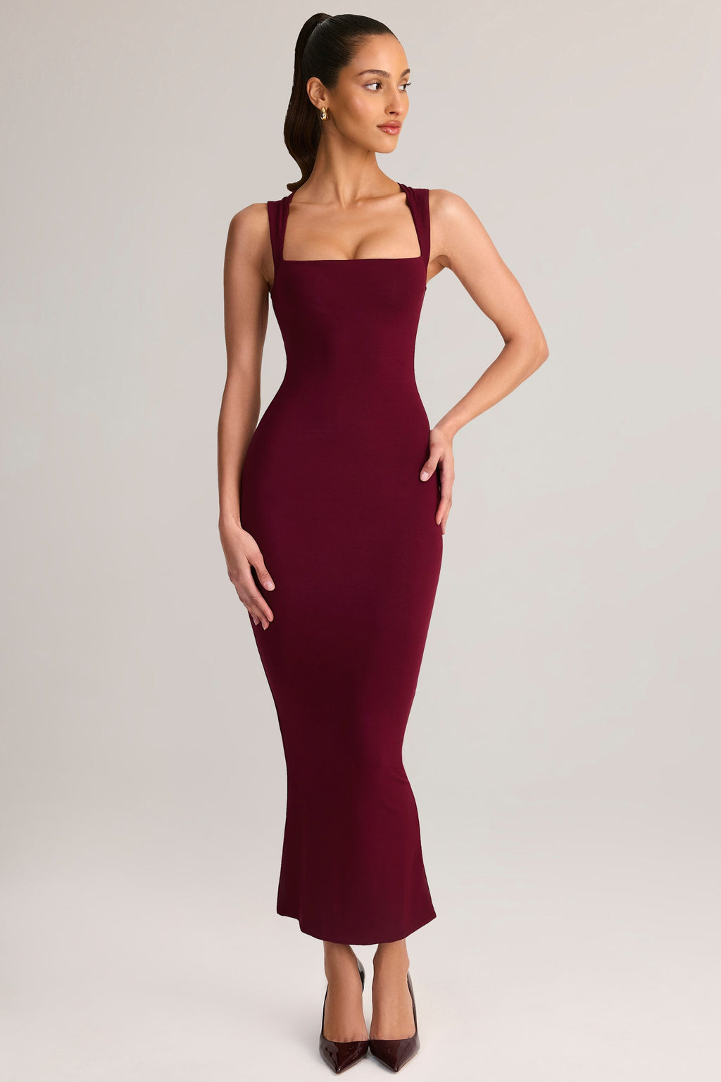Modal Square-Neck Bodycon Midi Dress in Wine
