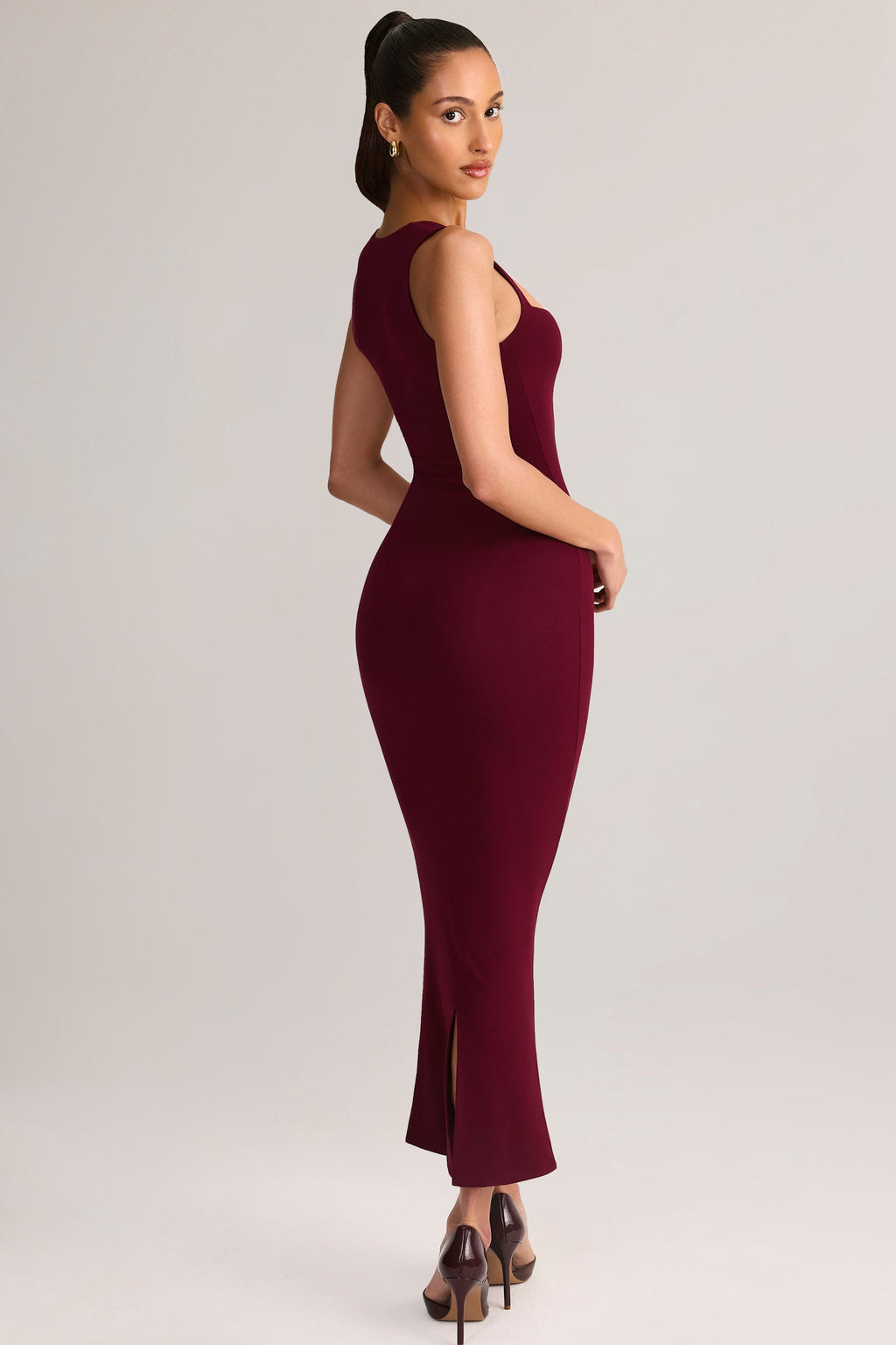 Modal Square-Neck Bodycon Midi Dress in Wine