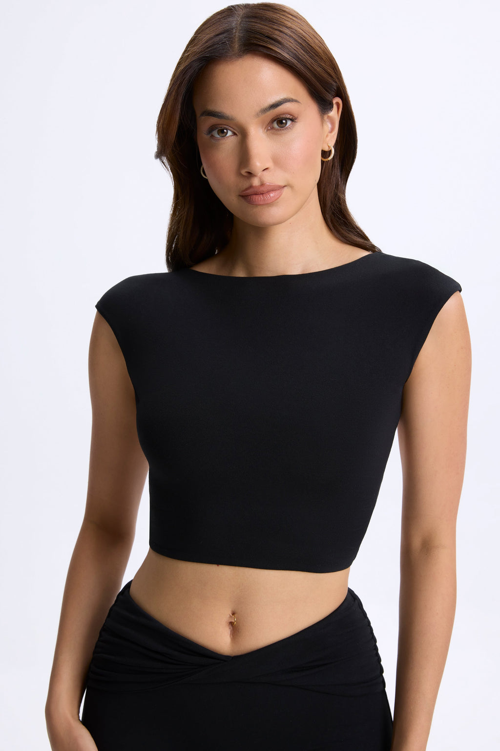 Modal Cap-Sleeve Open-Back Crop Top in Black