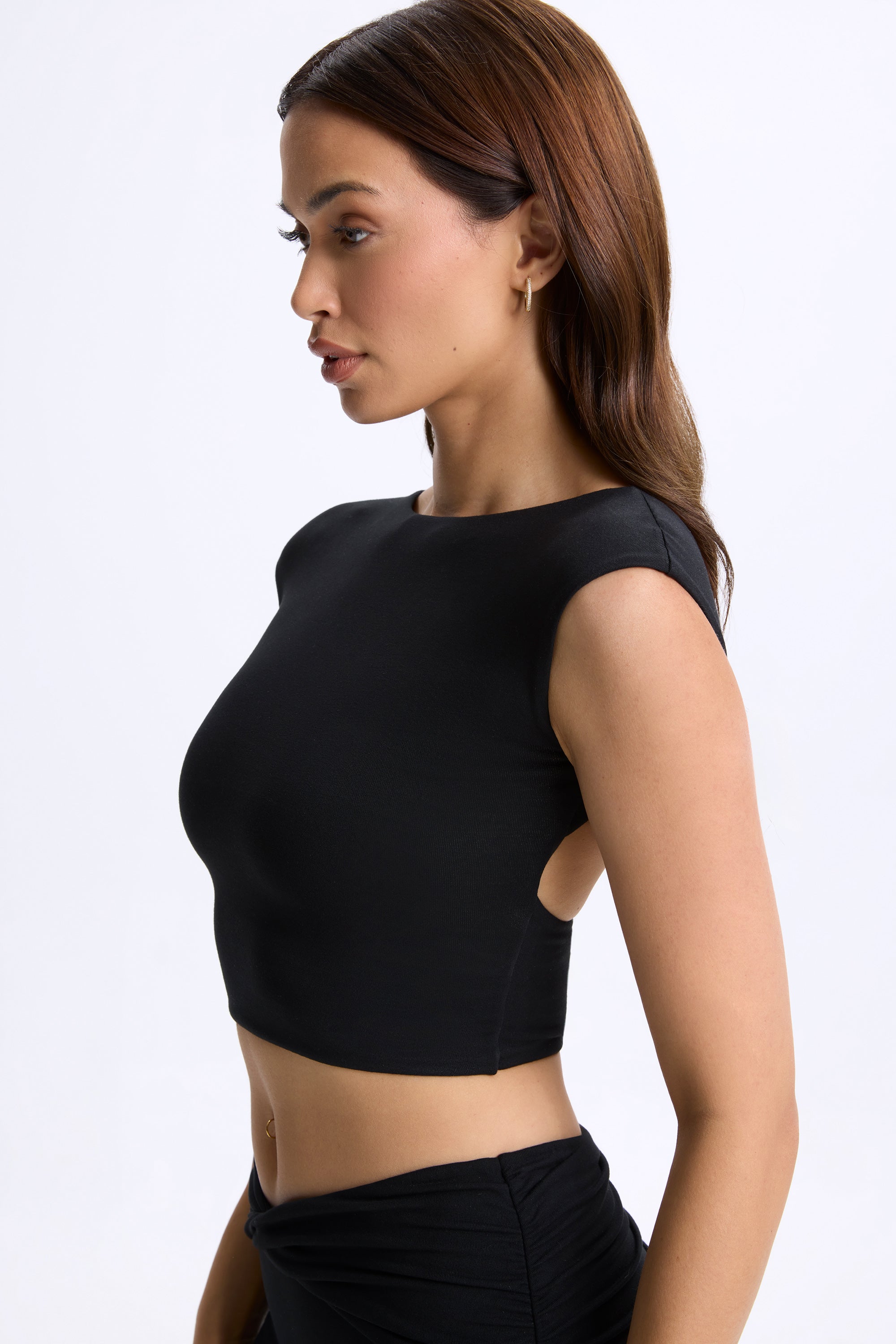 Modal Cap-Sleeve Open-Back Crop Top in Black